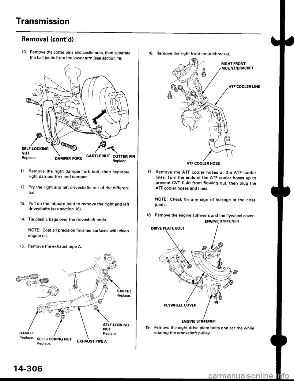 HONDA CIVIC 2000 6.G Workshop Manual Transmission
Removal (contd)
10. Remove the cotte. pins and castle nuts, then separatethe ball joints from the lower arm (see section 1g).
SELF-LOCKING  -=V,
NUT \Replace. oitupea rOax
Remove the rig