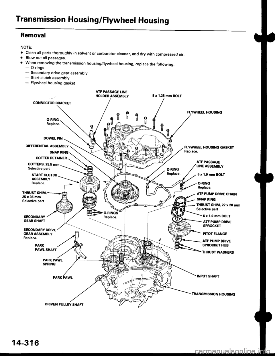 HONDA CIVIC 1998 6.G Service Manual Transmission Housing/Flywheel Housing
Removal
NOTE:
. Cleanall parts thoroughly in solvent or carburetor cleaner, and dry with compressed air.. Blow out all passages.
. When removing the transmission HONDA CIVIC 1998 6.G Service Manual Transmission Housing/Flywheel Housing
Removal
NOTE:
. Cleanall parts thoroughly in solvent or carburetor cleaner, and dry with compressed air.. Blow out all passages.
. When removing the transmission