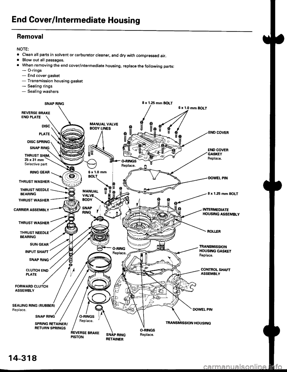 HONDA CIVIC 1998 6.G Service Manual End Cover/lntermediate Housing
Removal
NOTE:
. Cleanall parts in solvent or carburetor cleansr, and drywith compressed air,. Blow out all passages.
. When removing the end cover/intermediate housing, HONDA CIVIC 1998 6.G Service Manual End Cover/lntermediate Housing
Removal
NOTE:
. Cleanall parts in solvent or carburetor cleansr, and drywith compressed air,. Blow out all passages.
. When removing the end cover/intermediate housing,