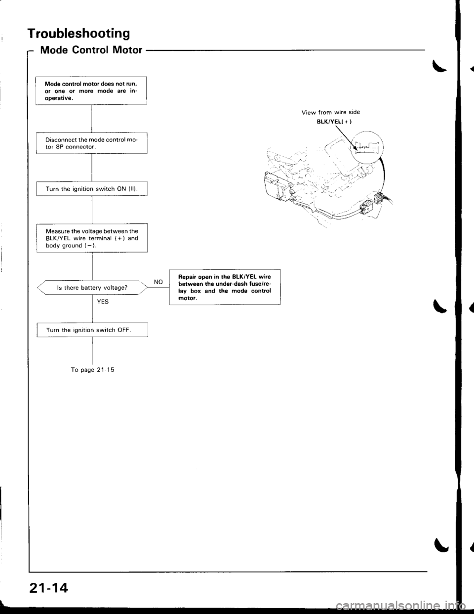 HONDA INTEGRA 1998 4.G Owners Guide Troubleshooting
Mode Control Motor
Mode controlmotor does nol run.or ong or more mode are in-operatve.
Disconnect the mode control mo-tor 8P connector.
Turn the ignrtion switch ON (ll).
Measurethe vol HONDA INTEGRA 1998 4.G Owners Guide Troubleshooting
Mode Control Motor
Mode controlmotor does nol run.or ong or more mode are in-operatve.
Disconnect the mode control mo-tor 8P connector.
Turn the ignrtion switch ON (ll).
Measurethe vol