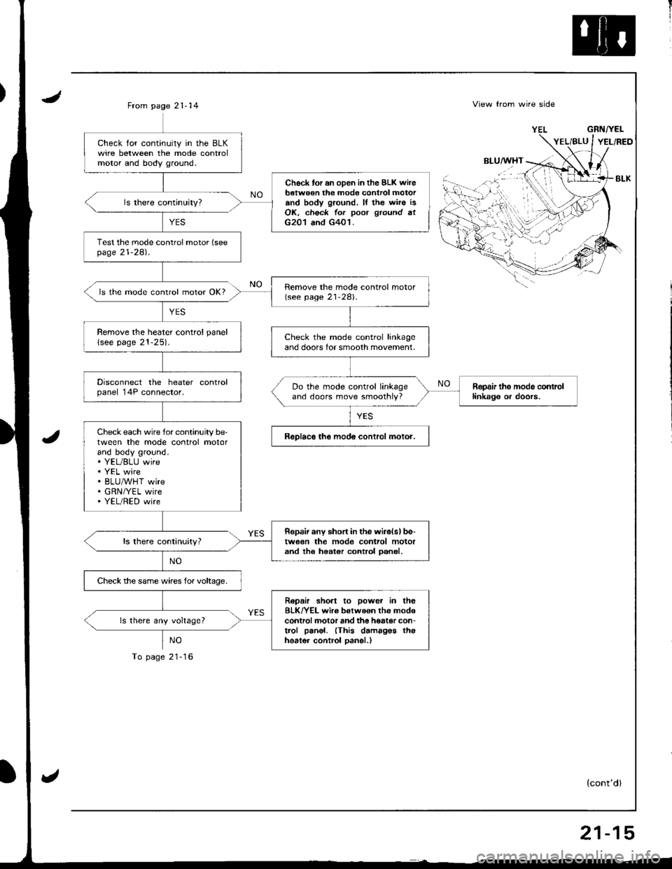 HONDA INTEGRA 1998 4.G Workshop Manual II
JFrom page 21- 14
ls the mode control motor OK?
YES
NO
To page 21-16
View from wire side
BLU/WHT
GRNTYEL
(contdl
Check for continuily in the BLKwire between the mode controlmolor and body ground.
HONDA INTEGRA 1998 4.G Workshop Manual II
JFrom page 21- 14
ls the mode control motor OK?
YES
NO
To page 21-16
View from wire side
BLU/WHT
GRNTYEL
(contdl
Check for continuily in the BLKwire between the mode controlmolor and body ground.