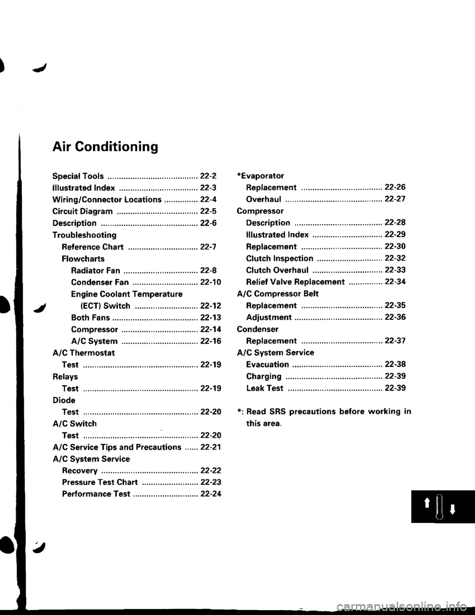 HONDA INTEGRA 1998 4.G Workshop Manual Air Gonditioning
+Evaporator
Repf acement .........22-26
Overhauf ................22-27
Compressor
Description ............22-28
lf lustrated f ndex ............................... 22-29
Replacement .