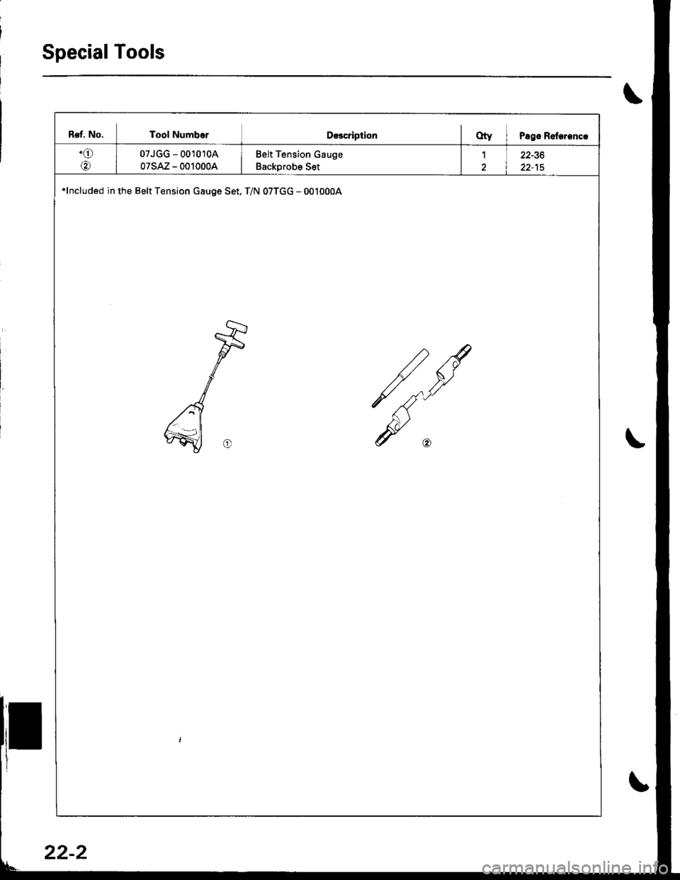 HONDA INTEGRA 1998 4.G Workshop Manual Special Tools
B€f. No. Tool NumborD€scriptionOty I Pago Roterencr
.o
@
07JGG - 001010A
07sAz - 0010004
Belt Tension Gauge
Backprobe Set
122-36
*lncluded in the Belt Tension Gauge Set. T/N 07TGG - HONDA INTEGRA 1998 4.G Workshop Manual Special Tools
B€f. No. Tool NumborD€scriptionOty I Pago Roterencr
.o
@
07JGG - 001010A
07sAz - 0010004
Belt Tension Gauge
Backprobe Set
122-36
*lncluded in the Belt Tension Gauge Set. T/N 07TGG -