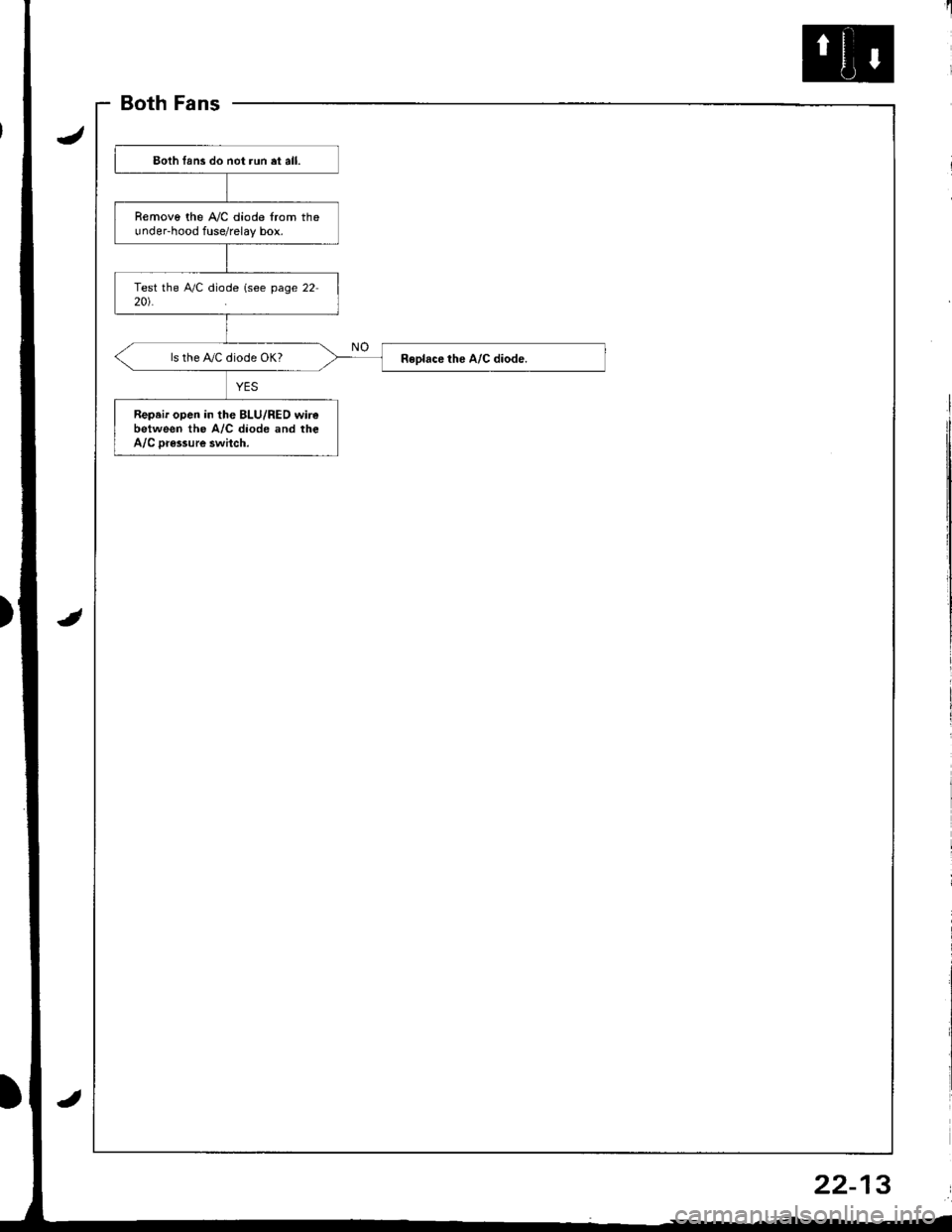 HONDA INTEGRA 1998 4.G Manual PDF BothFans
)
Eoth lans do not run et all.
Removo the A,/C diode from theunder-hood fuse/relay box.
ls the IVC diode OK?
Repeir open in the BLU/RED wirebetween the A/C diode and theA/C Dr€ssure swhch.
HONDA INTEGRA 1998 4.G Manual PDF BothFans
)
Eoth lans do not run et all.
Removo the A,/C diode from theunder-hood fuse/relay box.
ls the IVC diode OK?
Repeir open in the BLU/RED wirebetween the A/C diode and theA/C Dr€ssure swhch.