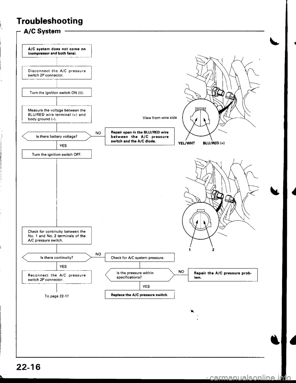 HONDA INTEGRA 1998 4.G Workshop Manual Troubleshooting
A/C System
I
A/C sy3tem doe! not coms on{cornDrcssor lnd bolh fan3),
Disconnect the A/C pressure
switch 2P connector.
Turn the ignition switch ON (ll).
Measure the voltage between theB HONDA INTEGRA 1998 4.G Workshop Manual Troubleshooting
A/C System
I
A/C sy3tem doe! not coms on{cornDrcssor lnd bolh fan3),
Disconnect the A/C pressure
switch 2P connector.
Turn the ignition switch ON (ll).
Measure the voltage between theB
