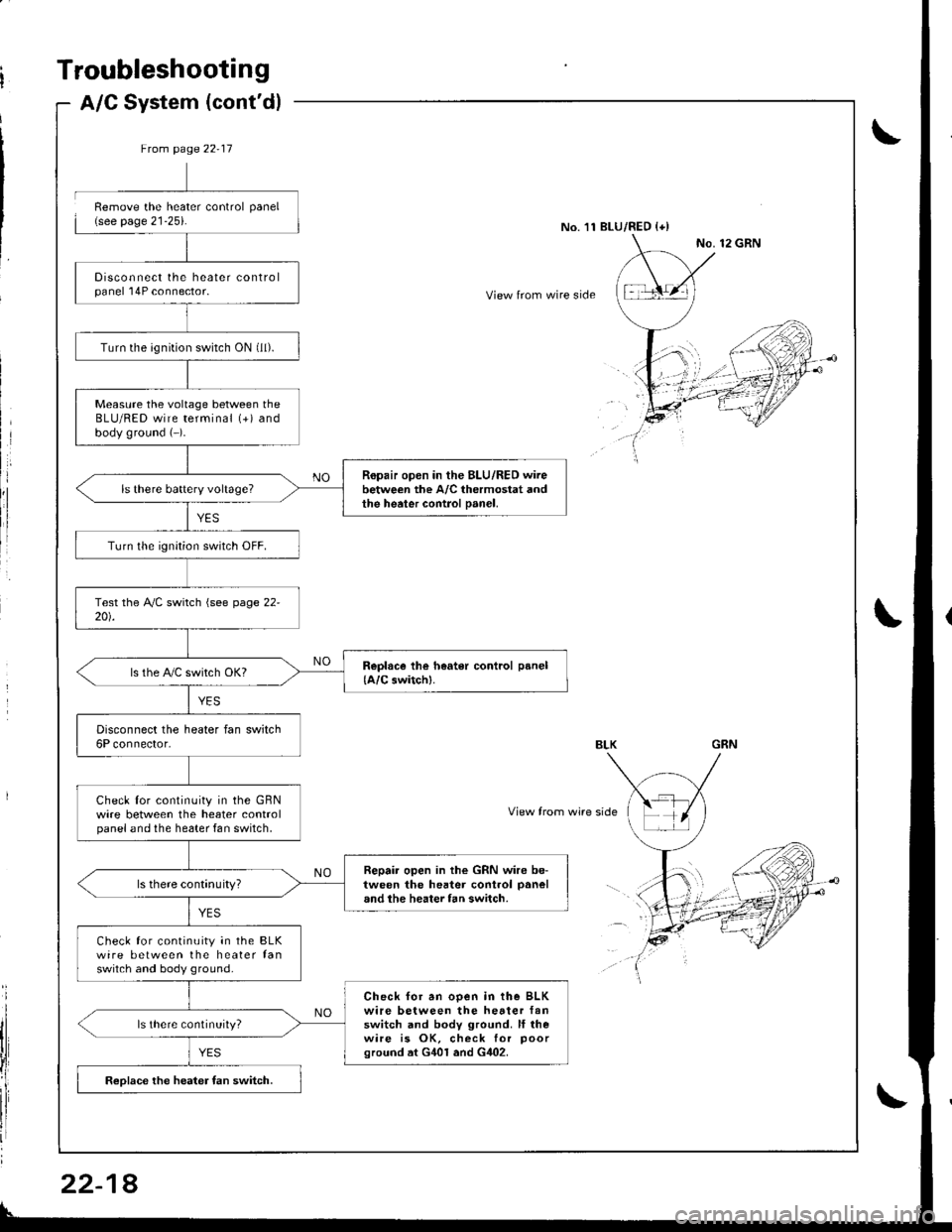 HONDA INTEGRA 1998 4.G Workshop Manual Troubleshootang
A/C System (contd)
8
Ftom page 22-17
Disconnect the heater controlpanel l4P connector.
Turn the ignition switch ON (ll).
Measure the voltage between theBLU/RED wire terminal (+) andb HONDA INTEGRA 1998 4.G Workshop Manual Troubleshootang
A/C System (contd)
8
Ftom page 22-17
Disconnect the heater controlpanel l4P connector.
Turn the ignition switch ON (ll).
Measure the voltage between theBLU/RED wire terminal (+) andb