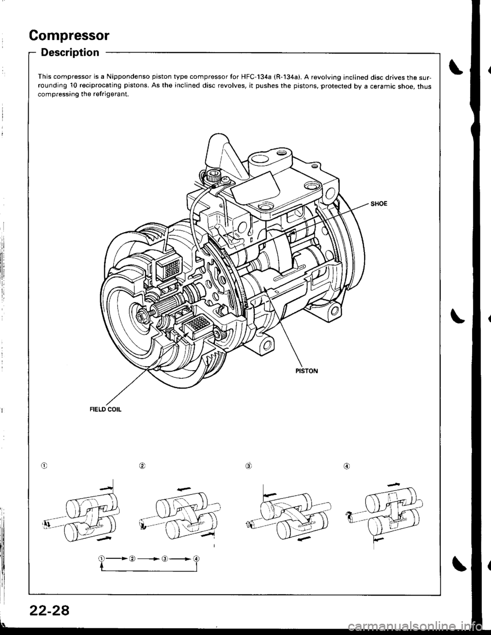 HONDA INTEGRA 1998 4.G Workshop Manual This compressor is a Nippondenso piston type compressor for HFC-134a (R-134a). A revolving inclined disc drives the sur-rounding 10 reciprocating pistons. As the inclined disc revolves, it pushes the HONDA INTEGRA 1998 4.G Workshop Manual This compressor is a Nippondenso piston type compressor for HFC-134a (R-134a). A revolving inclined disc drives the sur-rounding 10 reciprocating pistons. As the inclined disc revolves, it pushes the