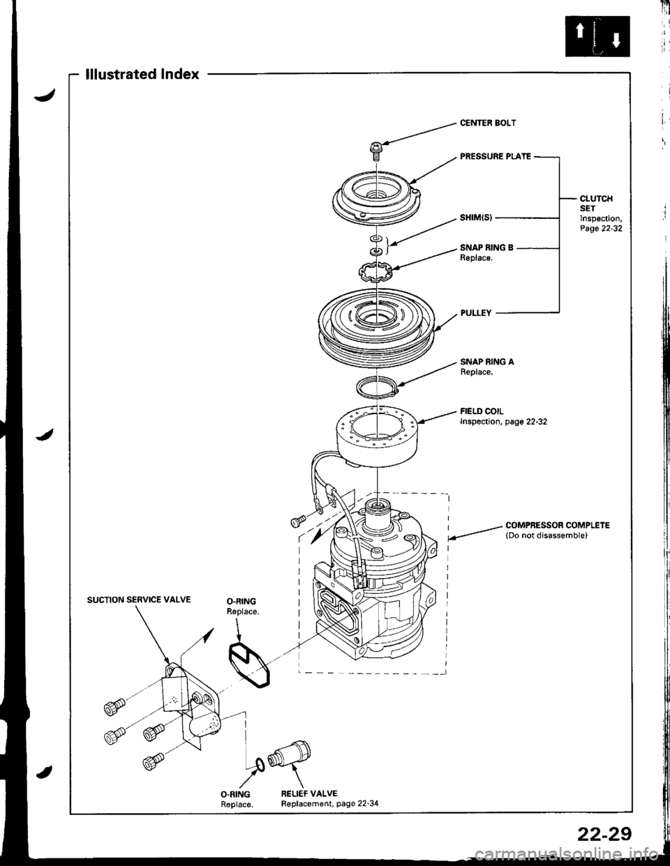 HONDA INTEGRA 1998 4.G Workshop Manual lllustratedlndex
CLUTCHSETlnspection,Page 22-32
SNAP RING AReplace.
FIELD COILInspection, page 22-32
I / COMPRESSOR COMPLETE
.-- lDo not disassemble)
SUCTION SERVICE VALVEO.RINGReplace.
I
S..-
VX
I
I HONDA INTEGRA 1998 4.G Workshop Manual lllustratedlndex
CLUTCHSETlnspection,Page 22-32
SNAP RING AReplace.
FIELD COILInspection, page 22-32
I / COMPRESSOR COMPLETE
.-- lDo not disassemble)
SUCTION SERVICE VALVEO.RINGReplace.
I
S..-
VX
I
I