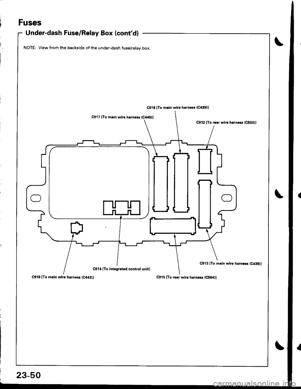 HONDA INTEGRA 1998 4.G Owners Guide Fuses
Under-dash Fuse/Relay Box (contd)
NOTE; View from the backside of the under-dash fuse/relav box.
C9l7 lTo main wir. hrrn63 (C+Oll
C!14 [To intogrrtod cont.ol unhl
Cll8lTo m.in wiro h.rnegr (C,l HONDA INTEGRA 1998 4.G Owners Guide Fuses
Under-dash Fuse/Relay Box (contd)
NOTE; View from the backside of the under-dash fuse/relav box.
C9l7 lTo main wir. hrrn63 (C+Oll
C!14 [To intogrrtod cont.ol unhl
Cll8lTo m.in wiro h.rnegr (C,l