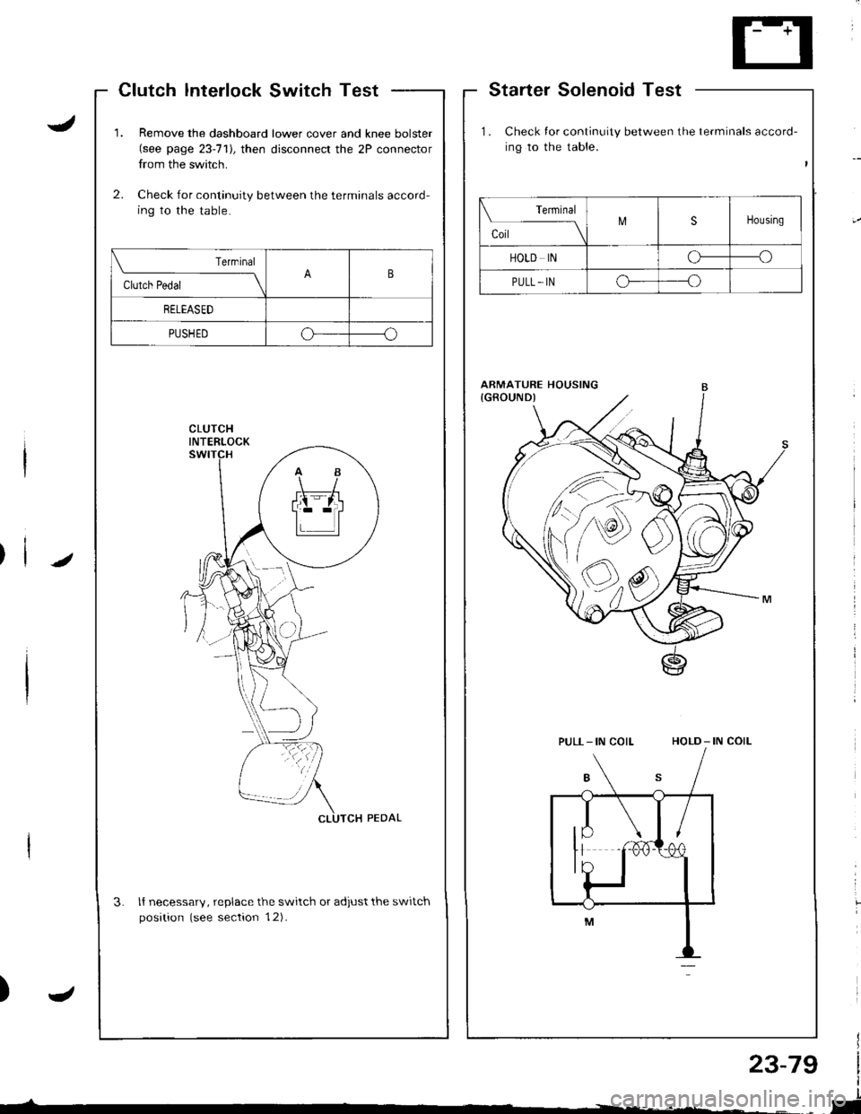 HONDA INTEGRA 1998 4.G Workshop Manual 1.Remove the dashboard lower cover and knee bolster(see page 23-71],, then disconnect the 2P connector
from the switch.
Check for continuity between the terminals accord-
ing to the table.
2.
3.ll nec