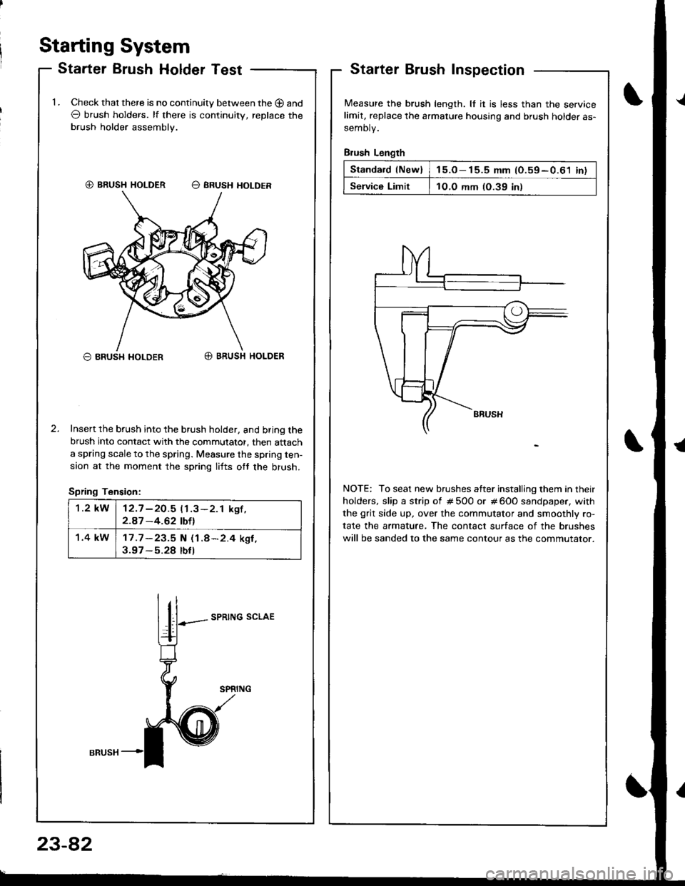 HONDA INTEGRA 1998 4.G Workshop Manual Staning System
Starter Brush Holder TestStarterInspection
Measure the brush length. lf it is less than the servicelimit, replace the armature housing and brush holder as-
semoty.
Brush Length
Standard HONDA INTEGRA 1998 4.G Workshop Manual Staning System
Starter Brush Holder TestStarterInspection
Measure the brush length. lf it is less than the servicelimit, replace the armature housing and brush holder as-
semoty.
Brush Length
Standard