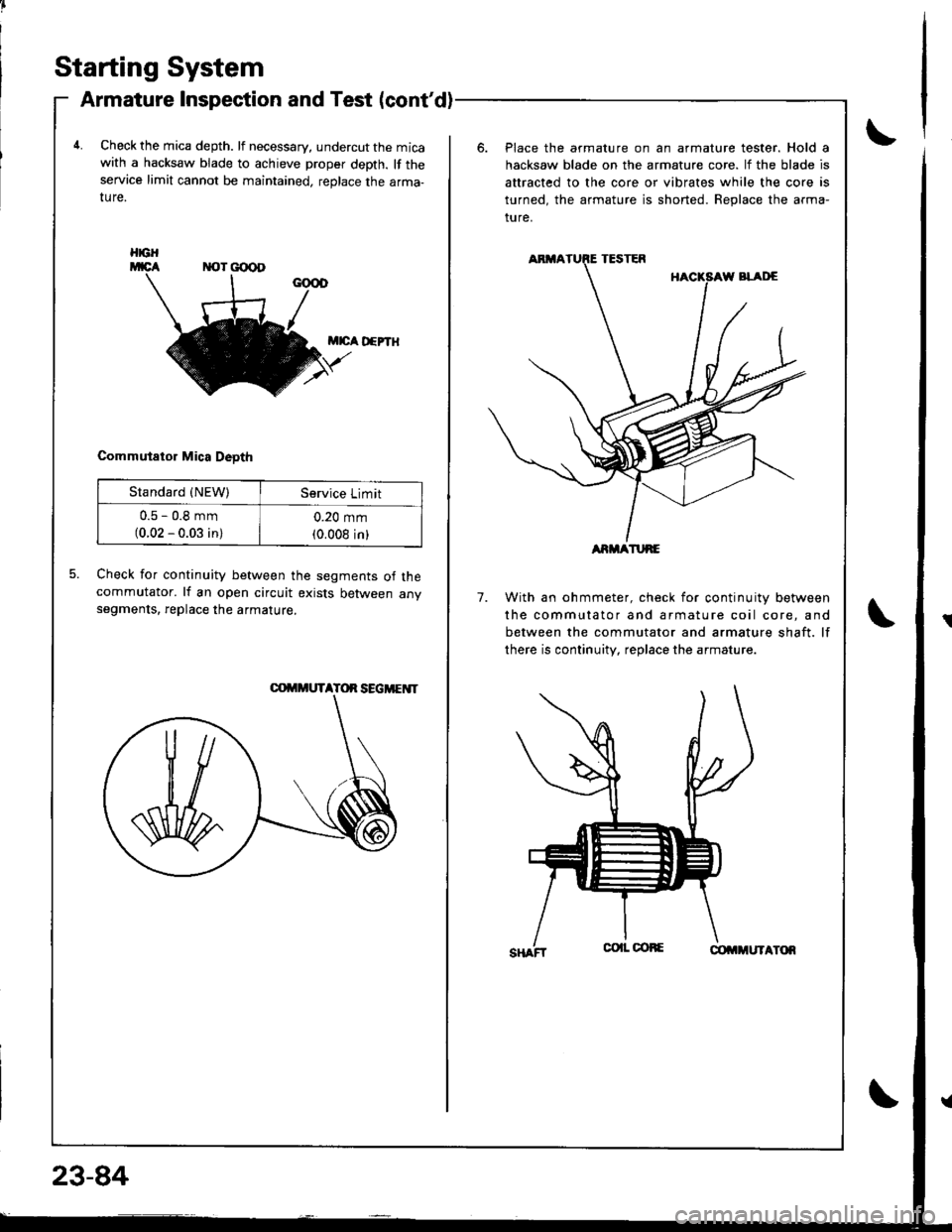 HONDA INTEGRA 1998 4.G Workshop Manual Starting System
Armature Inspection and Test (contd)
4.Check the mica depth. lf necessary, undercut the micawith a hacksaw blade to achieve proper depth. lf theservice limit cannot be maintained, rep