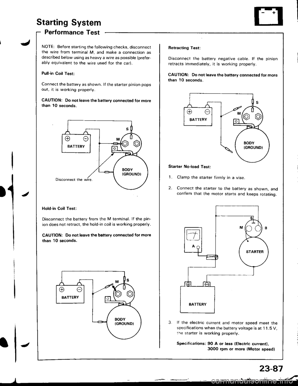 HONDA INTEGRA 1998 4.G Owners Manual J
Starting System
Performance Test
NOTE: Before starting the following checks, disconnectthe wire from terminal M, and make a connection asdescribed below using as heavy a wire as possible (prefer
abl