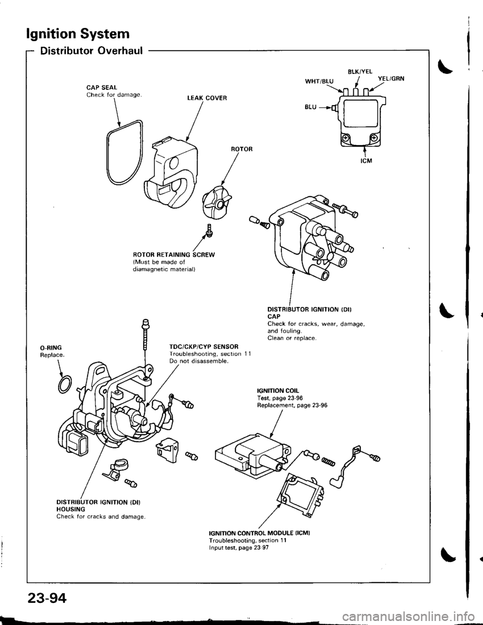 HONDA INTEGRA 1998 4.G Workshop Manual b-.
23-94
lgnition System
Distributor Overhaul
BLKi YEL
CAP SEALCheck for damage
Bp//ROTOR RETAINING SCREW(Must be made ofdaamagnetic material)
DISTRIBUTOR IGNITION (DII
CAPCheck for cracks, wear, dam HONDA INTEGRA 1998 4.G Workshop Manual b-.
23-94
lgnition System
Distributor Overhaul
BLKi YEL
CAP SEALCheck for damage
Bp//ROTOR RETAINING SCREW(Must be made ofdaamagnetic material)
DISTRIBUTOR IGNITION (DII
CAPCheck for cracks, wear, dam