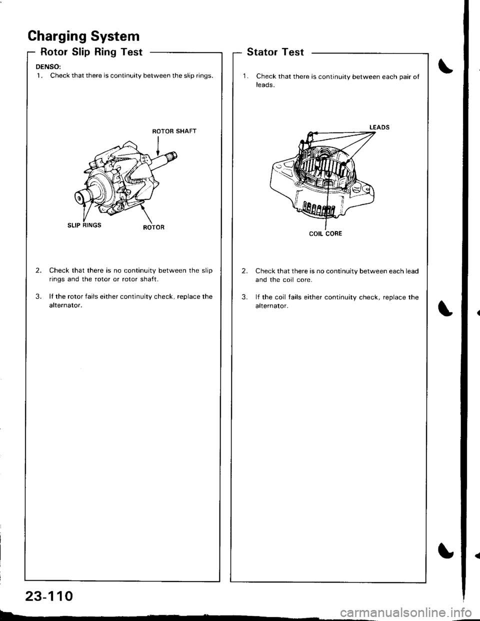 HONDA INTEGRA 1998 4.G Owners Manual Charging System
Rotor Slip Ring Test
DENSO:l . Check that there is continuity between the slip rings.
ROTOR SHAFT
Check that there is no continuity between the slip
rings and the rotor or rotor shaft