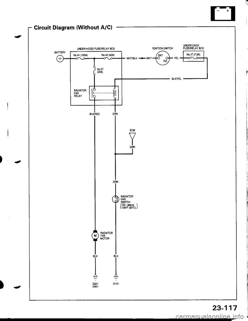HONDA INTEGRA 1998 4.G Workshop Manual Circuit Diagram (Without A/Cl
UNOEF.OASHFUSE,NELAY BOX
|-;ffi;I-YELf\-.rl]-t
BTKEL -l
RAOIATORFANS\,YITCHfoN : above )(199F (93C)J
BLIVREO
BLK
I
G201G401
IGNITION SWITCH
N0.41 (lmAl No.42 (104)
RAD