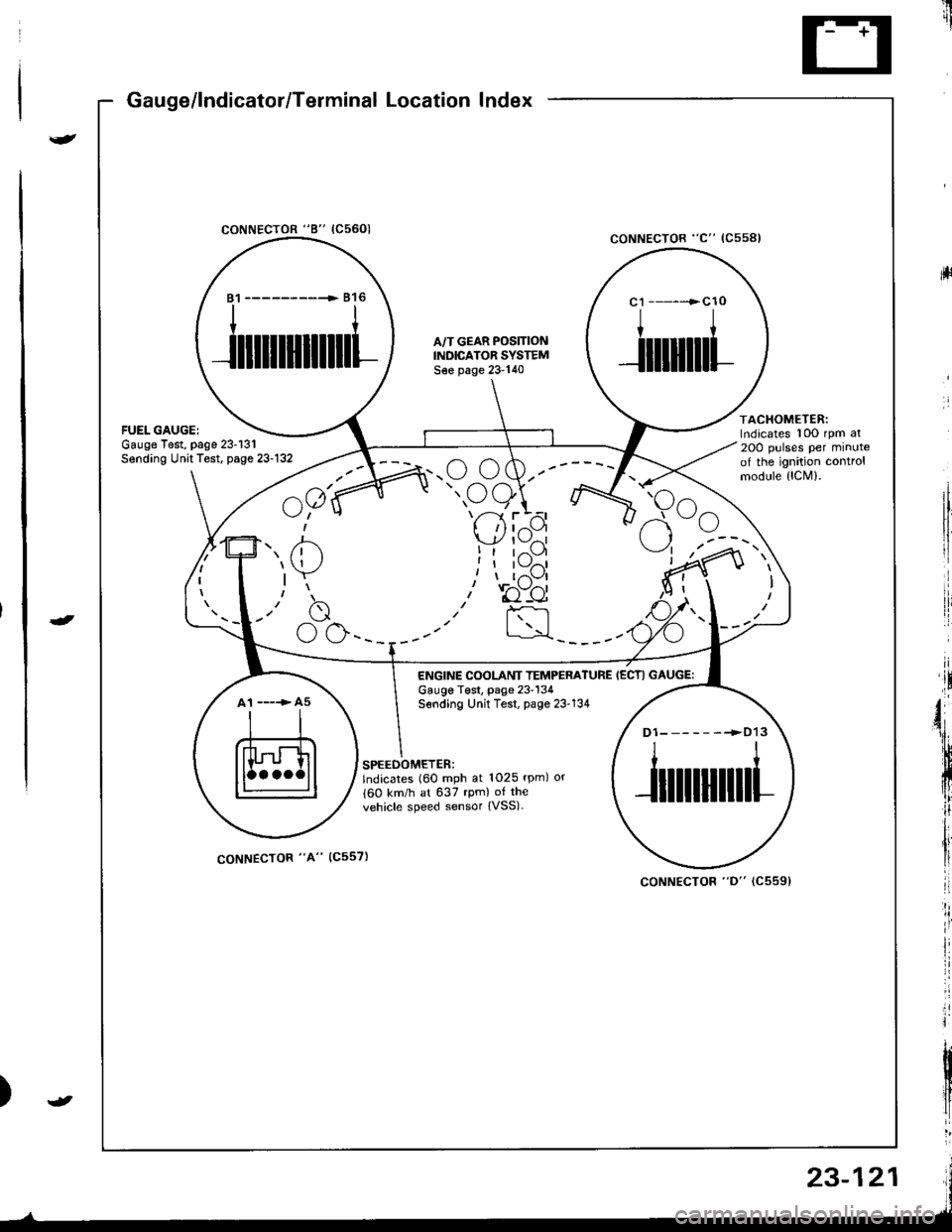 HONDA INTEGRA 1998 4.G Owners Manual Gauge/lndicator/Terminal Location Index
coNNECTOR "8" (C5601
ltrii
rll
coNNECTOR "C" (Css8l
ACHOMETER:rdicates 10O rpm al
OO pulses per minutef the ignition controlrodule {lCM).
81 ------------ 816
il