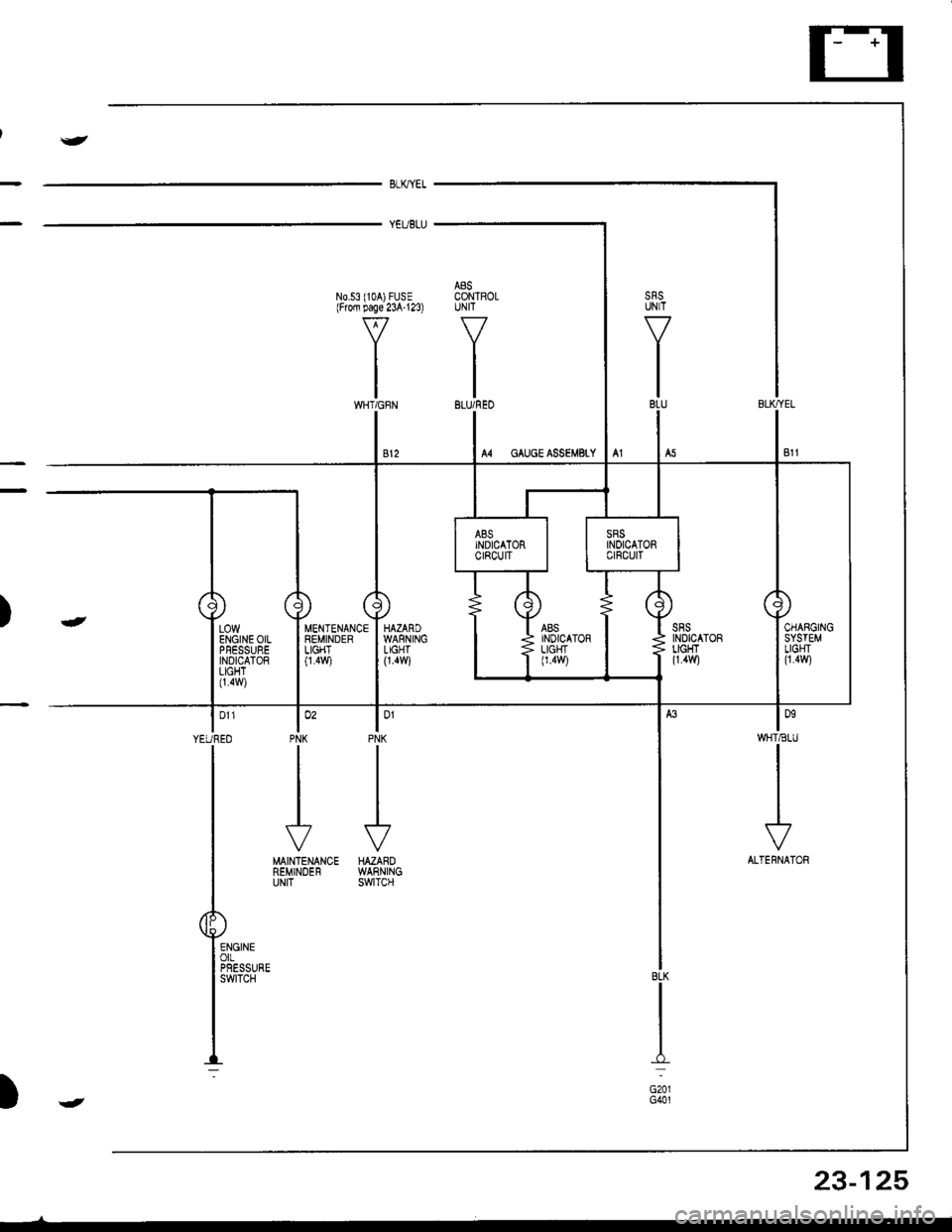 HONDA INTEGRA 1998 4.G Workshop Manual J
BLKYEL
YEUBLU
A8SN0.53 (104) FUSE CONTROLlFrofi page 23A123) UNIT
VV
II
tltlWHT/GFN BLU/REO
lonWHT€IU
I
I
I
\?
ALTERNATOR
loPNK
J
HAZAROWARNINGswtTcH
MENTENANCEREMINDERLIGHT0.4v,/i
loPNK
II
I
J