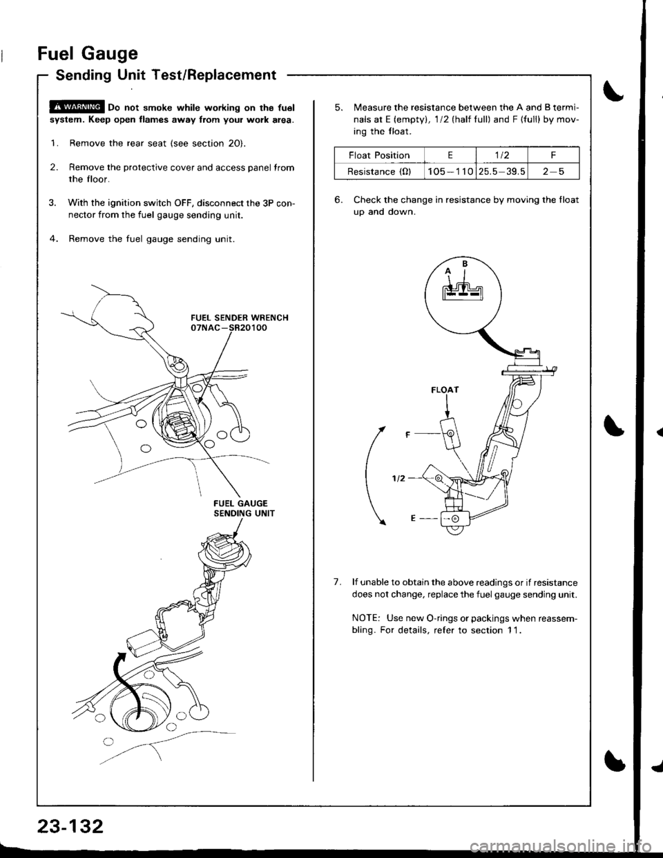 HONDA INTEGRA 1998 4.G Workshop Manual Fuel Gauge
Sending Unit Test/Replacement
@oo not smoke while working on tha fu6l
system. Keep open llames away trom youl work alea.
1. Remove the rear seat {see section 2O}.
2. Remove the protective c HONDA INTEGRA 1998 4.G Workshop Manual Fuel Gauge
Sending Unit Test/Replacement
@oo not smoke while working on tha fu6l
system. Keep open llames away trom youl work alea.
1. Remove the rear seat {see section 2O}.
2. Remove the protective c