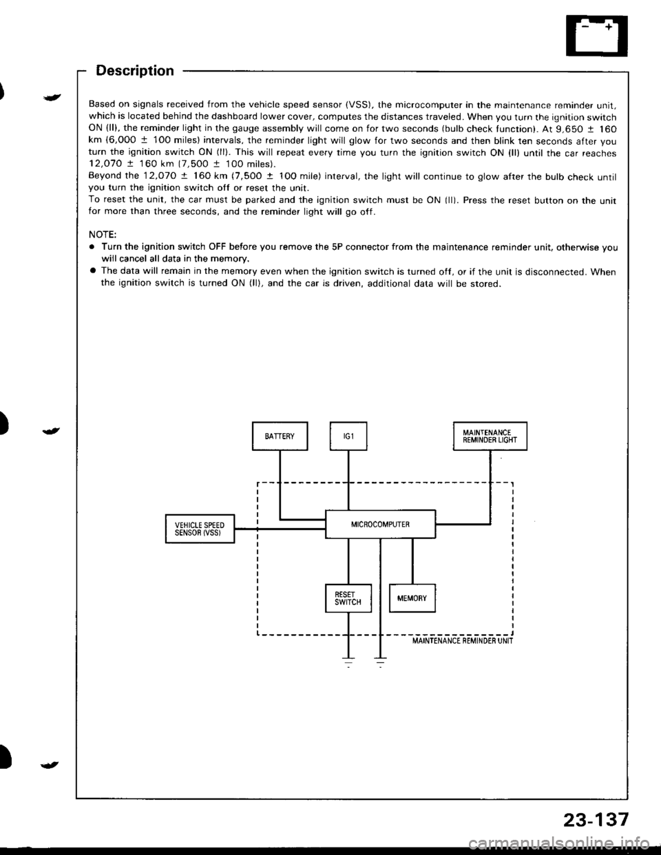 HONDA INTEGRA 1998 4.G Workshop Manual t
{)
)
Based on signals received from the vehicle speed sensor (VSS). the microcomputer in the maintenance reminder unit,which is located behind the dashboard lower cover, computes the distances trave