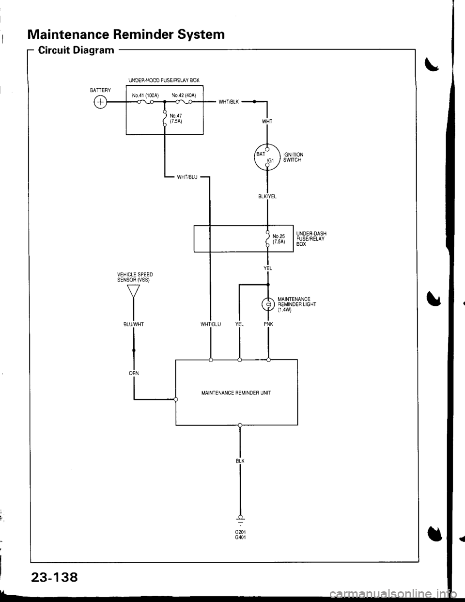 HONDA INTEGRA 1998 4.G Workshop Manual Maintenance Reminder System
Circuit Diagram
UNOER.HOOO FUSEIRELAY BOX
N0.41 (lmA) No 42 (40A)
MAINTENANCE REMINDER UNIT
8LK
c201G401
23-138 