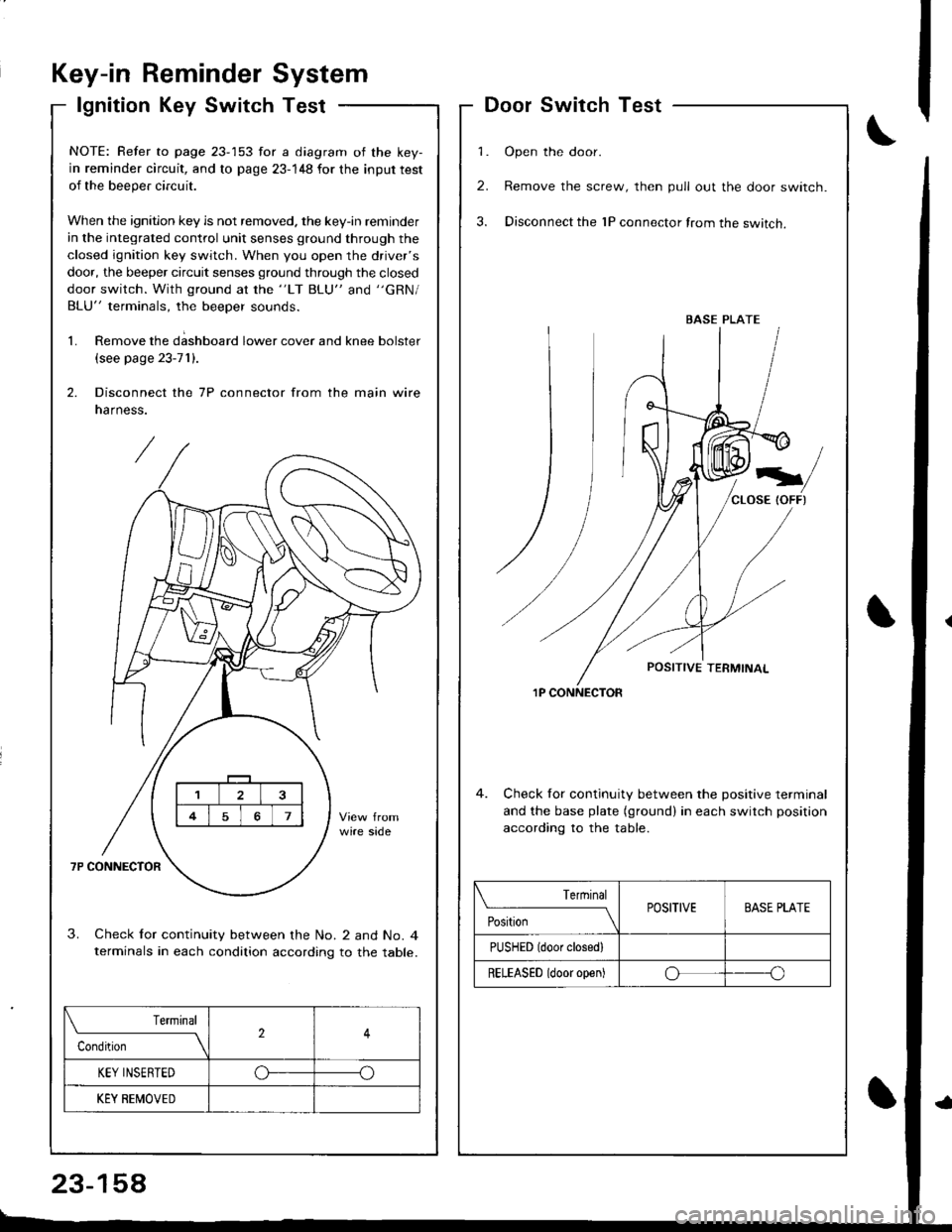HONDA INTEGRA 1998 4.G Owners Manual Key-in ReminderSystem
lgnition Key SwitchTest
\f
DoorSwitchTest
1. Open the door.
2. Remove the screw, then pull out the door switch.
3. Disconnect the 1P connector from the switch.
1P CONNECTOR
4. Ch HONDA INTEGRA 1998 4.G Owners Manual Key-in ReminderSystem
lgnition Key SwitchTest
\f
DoorSwitchTest
1. Open the door.
2. Remove the screw, then pull out the door switch.
3. Disconnect the 1P connector from the switch.
1P CONNECTOR
4. Ch