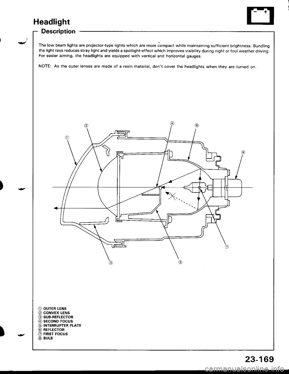 HONDA INTEGRA 1998 4.G Workshop Manual )
Headlight
Description
The low beam lights are projector-type lights which are more compact while maintaining sufticient brightness. Bundlingthe light rays reduces stray light and yields a spotlight-