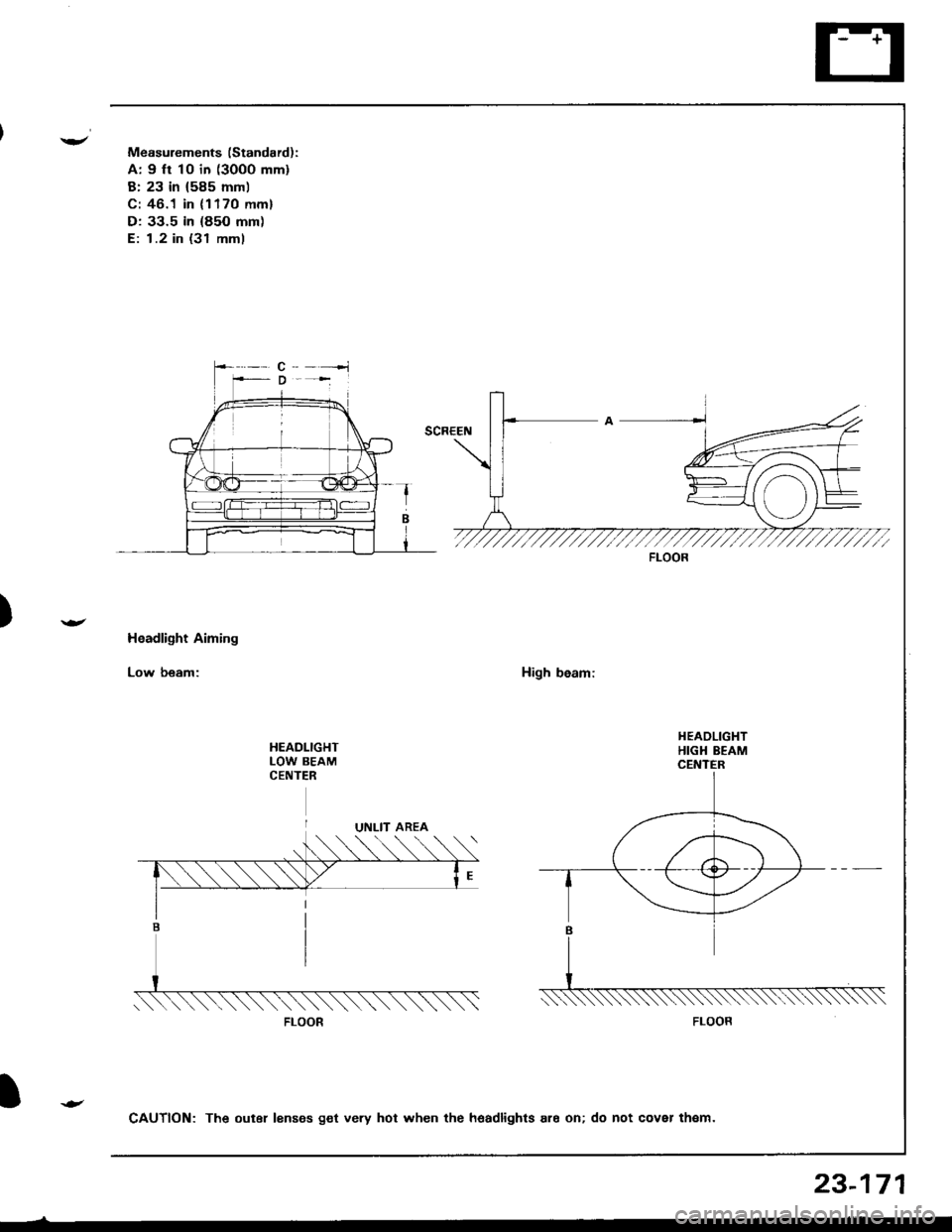 HONDA INTEGRA 1998 4.G Workshop Manual )
Measurements (Standard):
A: 9 ft 10 in (3000 mm)
B: 23 in (585 mml
C: 46.1 in (1170 mm)
D: 33.5 in (85O mm)
E: 1.2 in (31 mml
Headlight Aiming
Low beam:High beam:
HEADLIGHTLOW BEAMCENTER
FLOOR
FLOOR