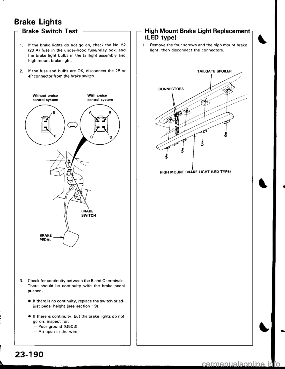 HONDA INTEGRA 1998 4.G Workshop Manual Brake
Brake
Lights
Switch TestHigh Mount Brake Light Replacement
\
t
2.
t.
3.
lf the brake lights do not go on. check the No. 52
{20 A) fuse in the under-hood fuse/relay box, and
the brake light bulbs