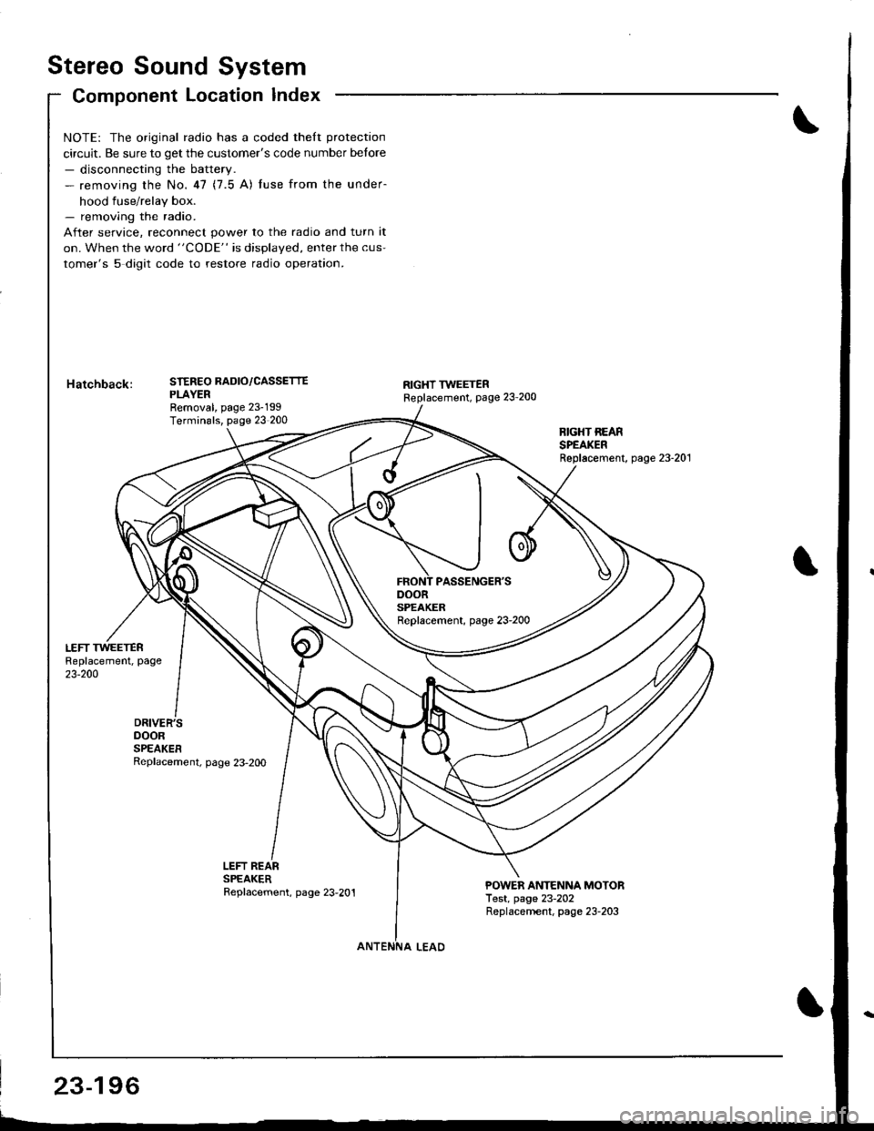 HONDA INTEGRA 1998 4.G User Guide Stereo Sound System
Component Location Index
DOORSPEAKERReplacement, page 23-2OO
NOTE: The original radio has a coded theft protection
circuit. Be sure to get the customers code number betore- discon