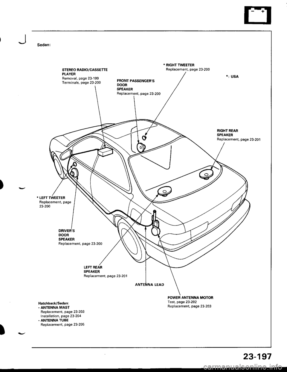 HONDA INTEGRA 1998 4.G Owners Manual Sedan:
STEREO RADIO/CASSETTEPLAYERRemoval, page 23199Terminals, page 23-200
DRIVERSDOORSPEAKERReplacement, page 23-200
FRONT PASSENGERSooonSPEAKERBeplacement, page 23-200
* RIGHT TWEEIERReplacement HONDA INTEGRA 1998 4.G Owners Manual Sedan:
STEREO RADIO/CASSETTEPLAYERRemoval, page 23199Terminals, page 23-200
DRIVERSDOORSPEAKERReplacement, page 23-200
FRONT PASSENGERSooonSPEAKERBeplacement, page 23-200
* RIGHT TWEEIERReplacement