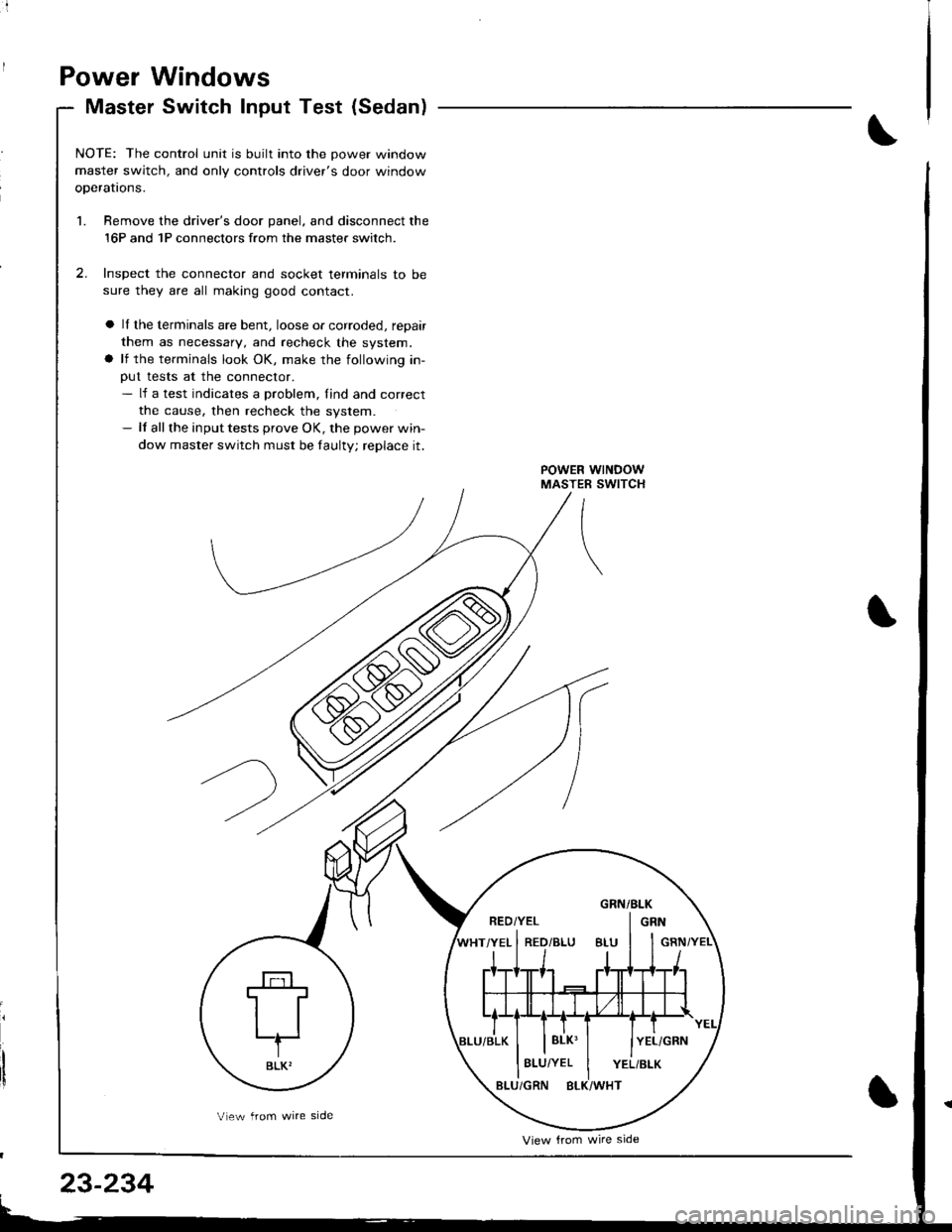 HONDA INTEGRA 1998 4.G Workshop Manual i
Power Windows
Master Switch Input Test (Sedan)
NOTE: The control unit is built into the Dower window
master switch, and only controls drivers door window
oDeratrons.
1. Bemove the drivers door pan