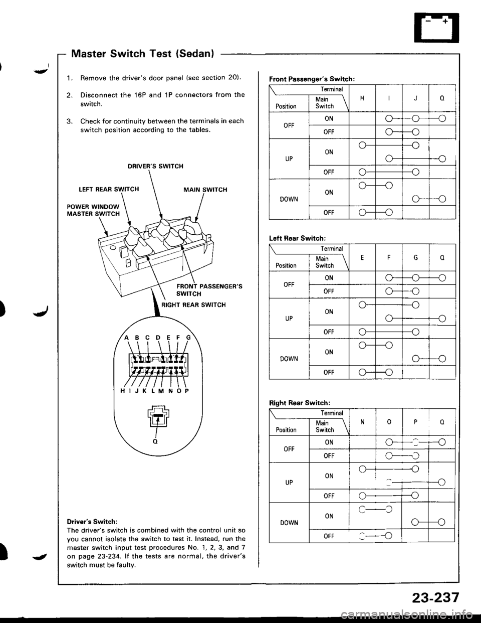 HONDA INTEGRA 1998 4.G Workshop Manual Master Switch Test (Sedanl
t
J)
I
1.Remove the drivers door panel (see section 20).
Disconnect the 16P and 1P connectors from the
switch.
Check Jor continuity between the terminals in each
switch po HONDA INTEGRA 1998 4.G Workshop Manual Master Switch Test (Sedanl
t
J)
I
1.Remove the drivers door panel (see section 20).
Disconnect the 16P and 1P connectors from the
switch.
Check Jor continuity between the terminals in each
switch po