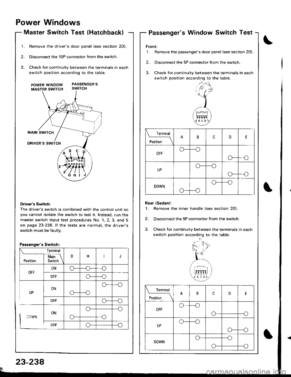 HONDA INTEGRA 1998 4.G Workshop Manual Power Windows
Master Switch Test (Hatchback)Passengers Window Switch Test
Remove the drivers door panel (see section 20).
Disconnect the 10P connector trom the switch.
Check for continuity between t HONDA INTEGRA 1998 4.G Workshop Manual Power Windows
Master Switch Test (Hatchback)Passengers Window Switch Test
Remove the drivers door panel (see section 20).
Disconnect the 10P connector trom the switch.
Check for continuity between t