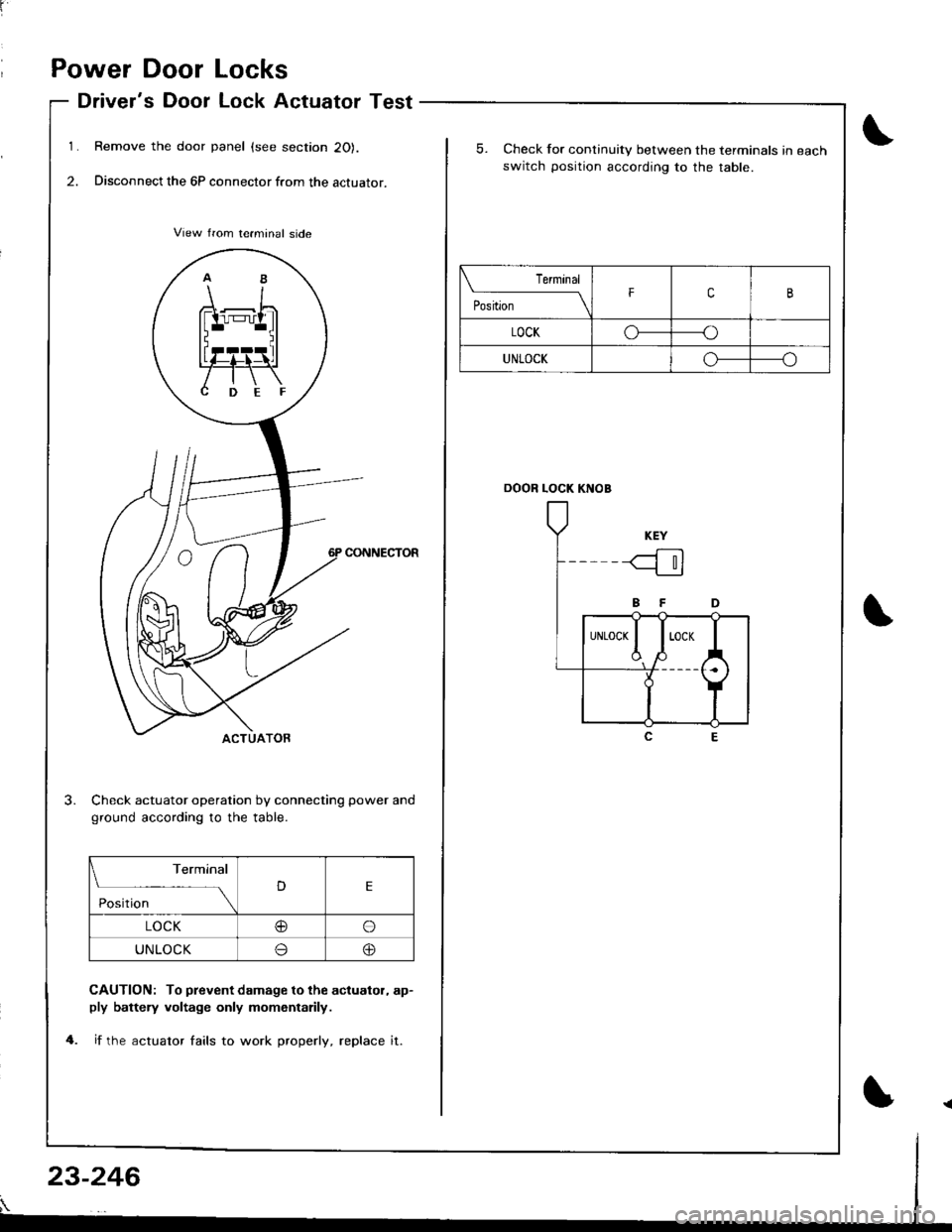 HONDA INTEGRA 1998 4.G Workshop Manual r
Power Door Locks
Drivers Door Lock Actuator Test
Remove the door panel (see section 20).
Disconnect the 6P connector from the actuator.
CONNECTOR
Check actuator operation by connecting power and
gr
