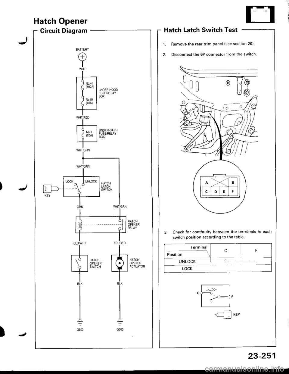 HONDA INTEGRA 1998 4.G Owners Guide Hatch Opener
Circuit DiagramHatch Latch Switch Test
Remove the rear trim panel lsee section 20).
Disconnect the 6P connector from the switch.
3. Check for continuity between the terminals in each
swit