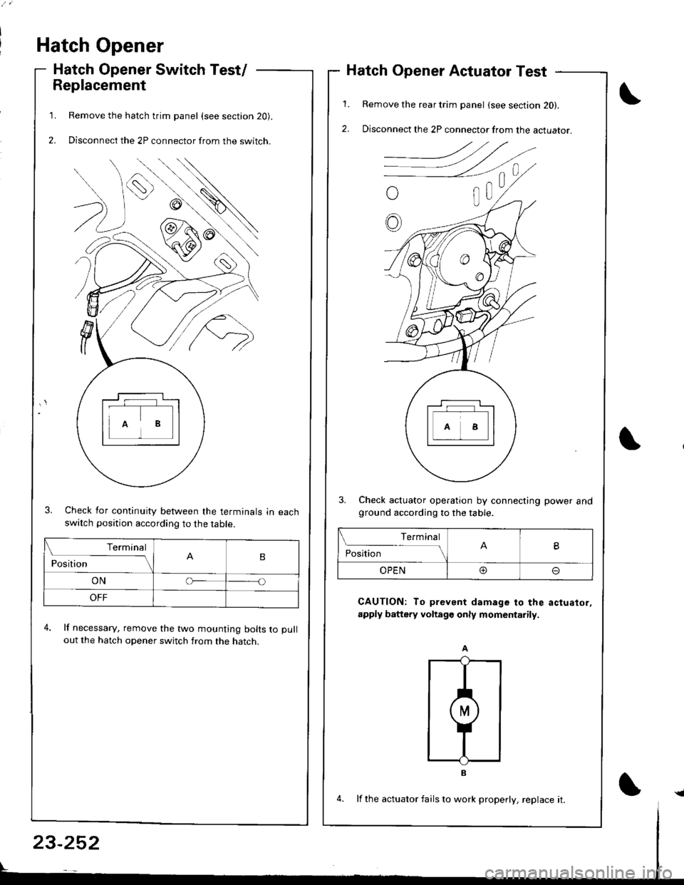 HONDA INTEGRA 1998 4.G User Guide Hatch Opener
Hatch Opener Switch Test/
Replacement
Remove the hatch trim panel (see section 20).
Disconnect the 2P connector from the switch.
3. Check for continuity between the terminals in eachswatc