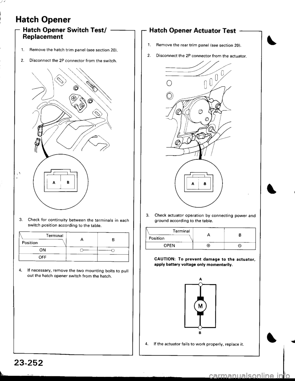 HONDA INTEGRA 1998 4.G Workshop Manual Hatch Opener
Hatch Opener Switch Test/
Replacement
Remove the hatch trim panel (see section 20).
Disconnect the 2P connector from the switch.
3. Check for continuity between the terminals in eachswatc