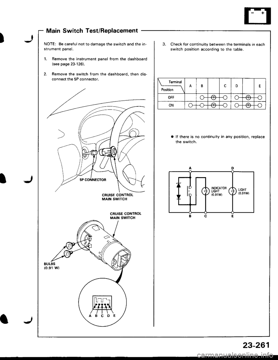 HONDA INTEGRA 1998 4.G Workshop Manual Main Switch Test/Replacement
J)
JI
I
NOTE: Be careful not to damage the switch and the in-
strument panel.
1. Remove the instrument panel from the dashboard(see page 23-126).
2. Remove the switch from HONDA INTEGRA 1998 4.G Workshop Manual Main Switch Test/Replacement
J)
JI
I
NOTE: Be careful not to damage the switch and the in-
strument panel.
1. Remove the instrument panel from the dashboard(see page 23-126).
2. Remove the switch from