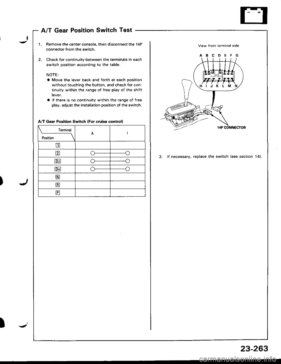 HONDA INTEGRA 1998 4.G Workshop Manual A/T Gear Position Switch Test
1.Remove the center console, then disconnect the 14P
connector from the switch.
Check for continuity between the terminals in each
switch position according to the table. HONDA INTEGRA 1998 4.G Workshop Manual A/T Gear Position Switch Test
1.Remove the center console, then disconnect the 14P
connector from the switch.
Check for continuity between the terminals in each
switch position according to the table.