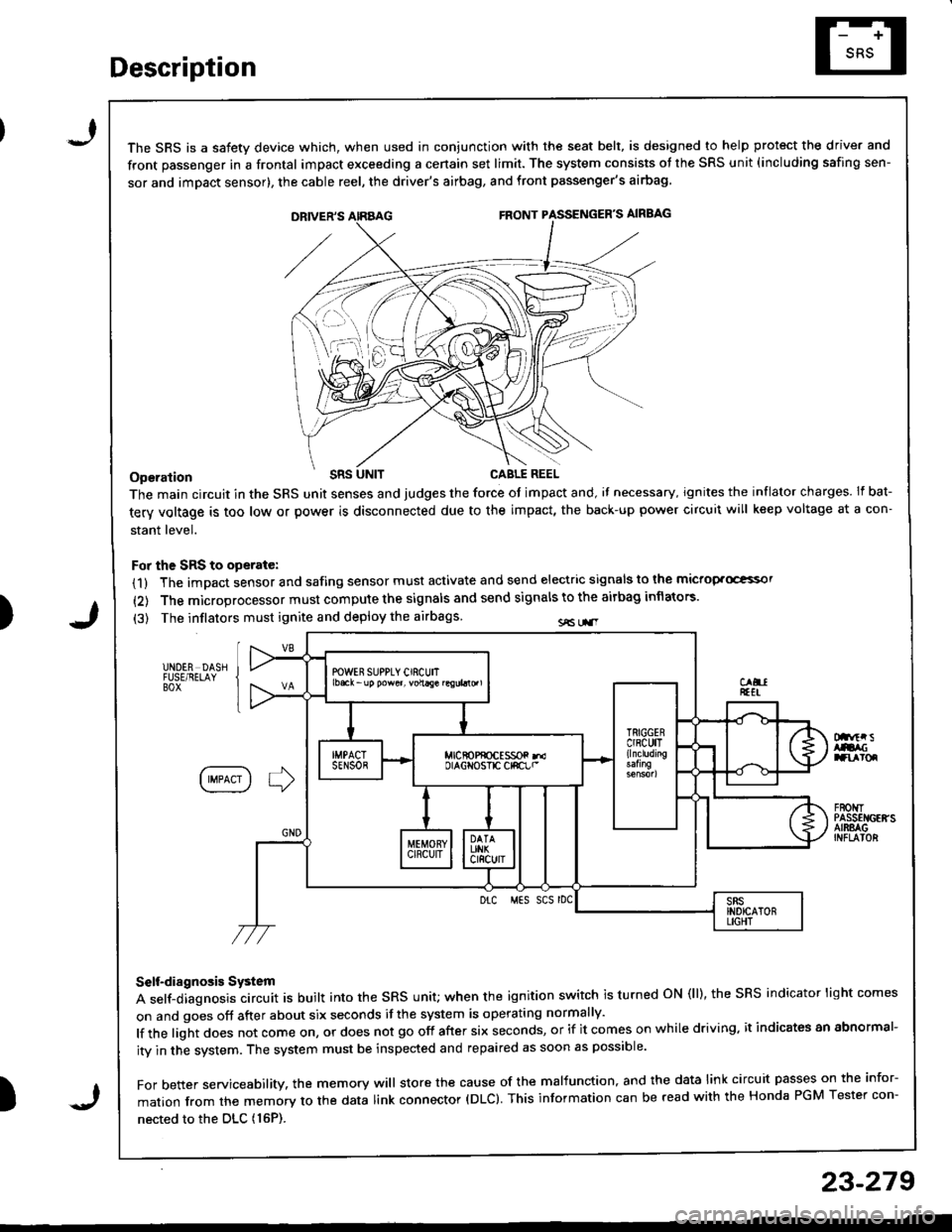 HONDA INTEGRA 1998 4.G Workshop Manual Description
I
J)
)
\ \, ili \.-.-1 i^\\,,; i \
The SRS is a safetv device which, when used in coniunction with the seat belt, is designed to help protect the driver and
front passenger in a frontal