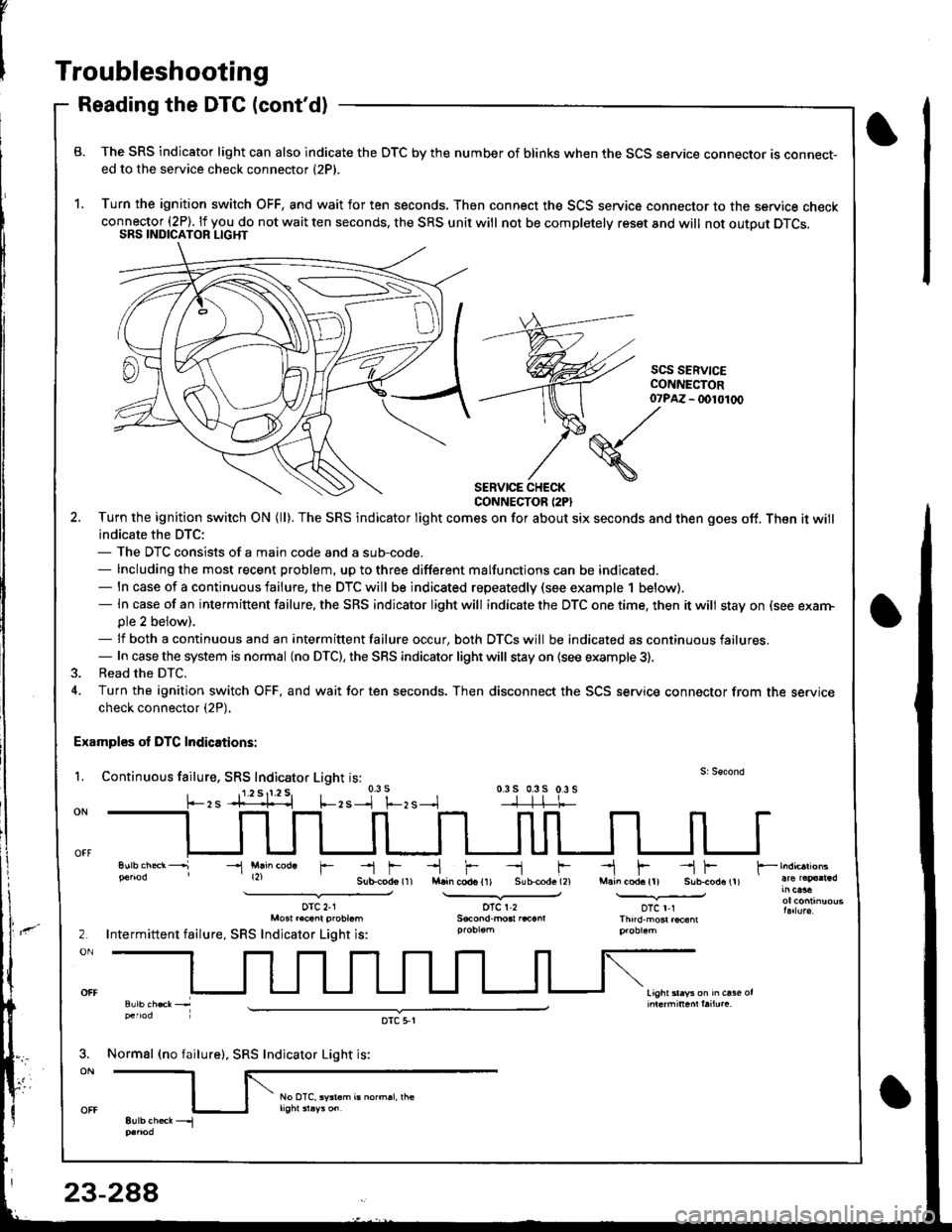 ! Linl Con.lac{or {DLC), tnd toalor nl -r t!'iF t tr -
indicat$ no DTC, or it indicates DTC $1 or DTC $2. doublechcd( b'Y iumdng $. !..vic. chd cdrE r€ --t
ing the SRS indicator light (see next p89€).
{cont'd)
minutes, be careful not to bump the
DATA LINK CONNECTOR (16P}
23-247
HONDA PGM TESTER
Page 1342 of 1681
![HONDA INTEGRA 1998 4.G Owners Manual v
-t f--.l r --1 f-M.in cod. {11 S!b{od. (2}
oTcr2
-l F --{ FMain cod. (l) Sub-cod.11).--.Y-oTc r-rThndm6r.@6m
2
ON
light sl.ys on h ct36 or
Troubleshooting
Reading the DTC (contd)
B. The SRS indica HONDA INTEGRA 1998 4.G Owners Manual v
-t f--.l r --1 f-M.in cod. {11 S!b{od. (2}
oTcr2
-l F --{ FMain cod. (l) Sub-cod.11).--.Y-oTc r-rThndm6r.@6m
2
ON
light sl.ys on h ct36 or
Troubleshooting
Reading the DTC (contd)
B. The SRS indica