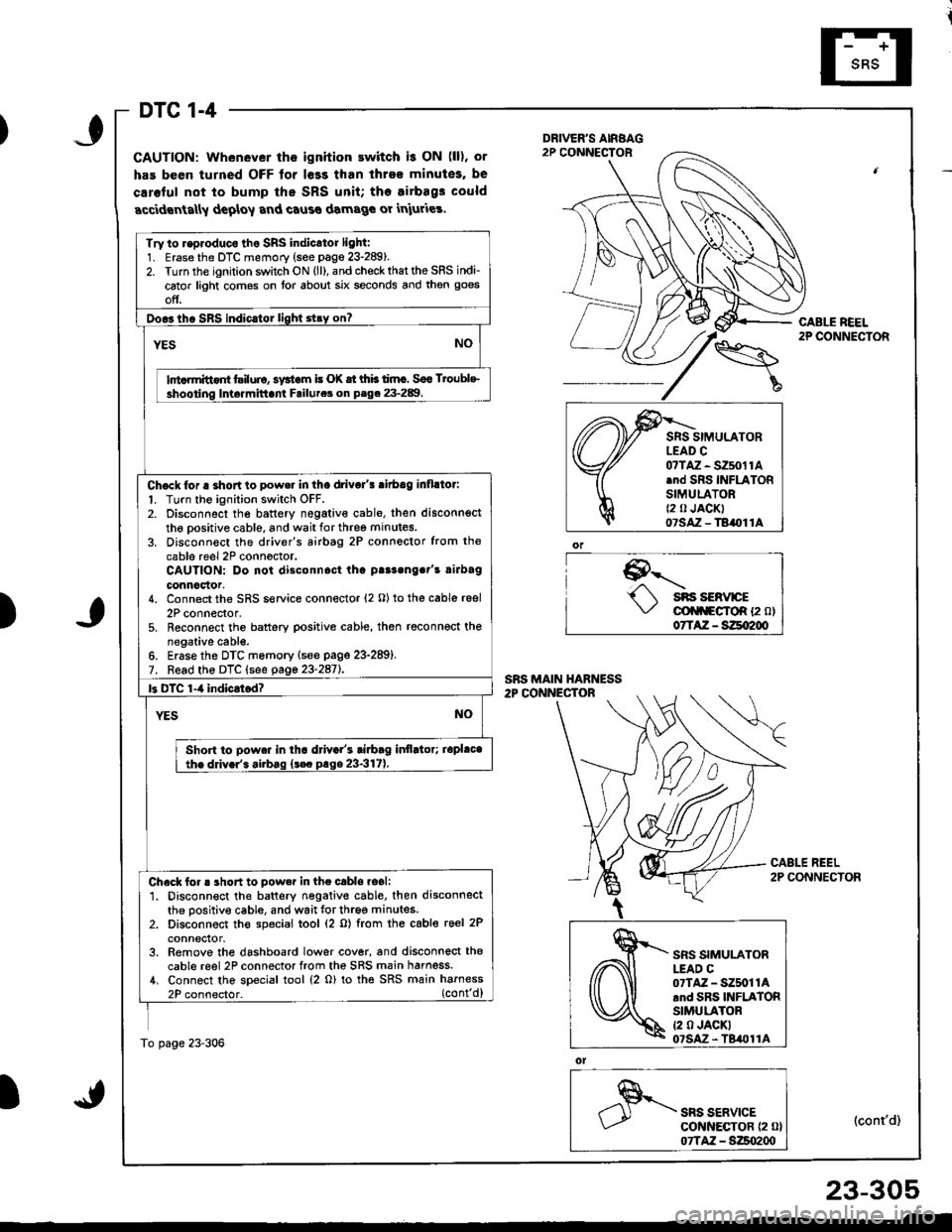 HONDA INTEGRA 1998 4.G Owners Manual DTC 1-4
GAUTION: Whenever the ignition ewitch i! ON (ll), or
has been turned OFF tor l€ss than ihre€ minutes, be
caroful not to bump the SRS unit; tho airbag3 could
accidrnta[y deploy and caus€ HONDA INTEGRA 1998 4.G Owners Manual DTC 1-4
GAUTION: Whenever the ignition ewitch i! ON (ll), or
has been turned OFF tor l€ss than ihre€ minutes, be
caroful not to bump the SRS unit; tho airbag3 could
accidrnta[y deploy and caus€