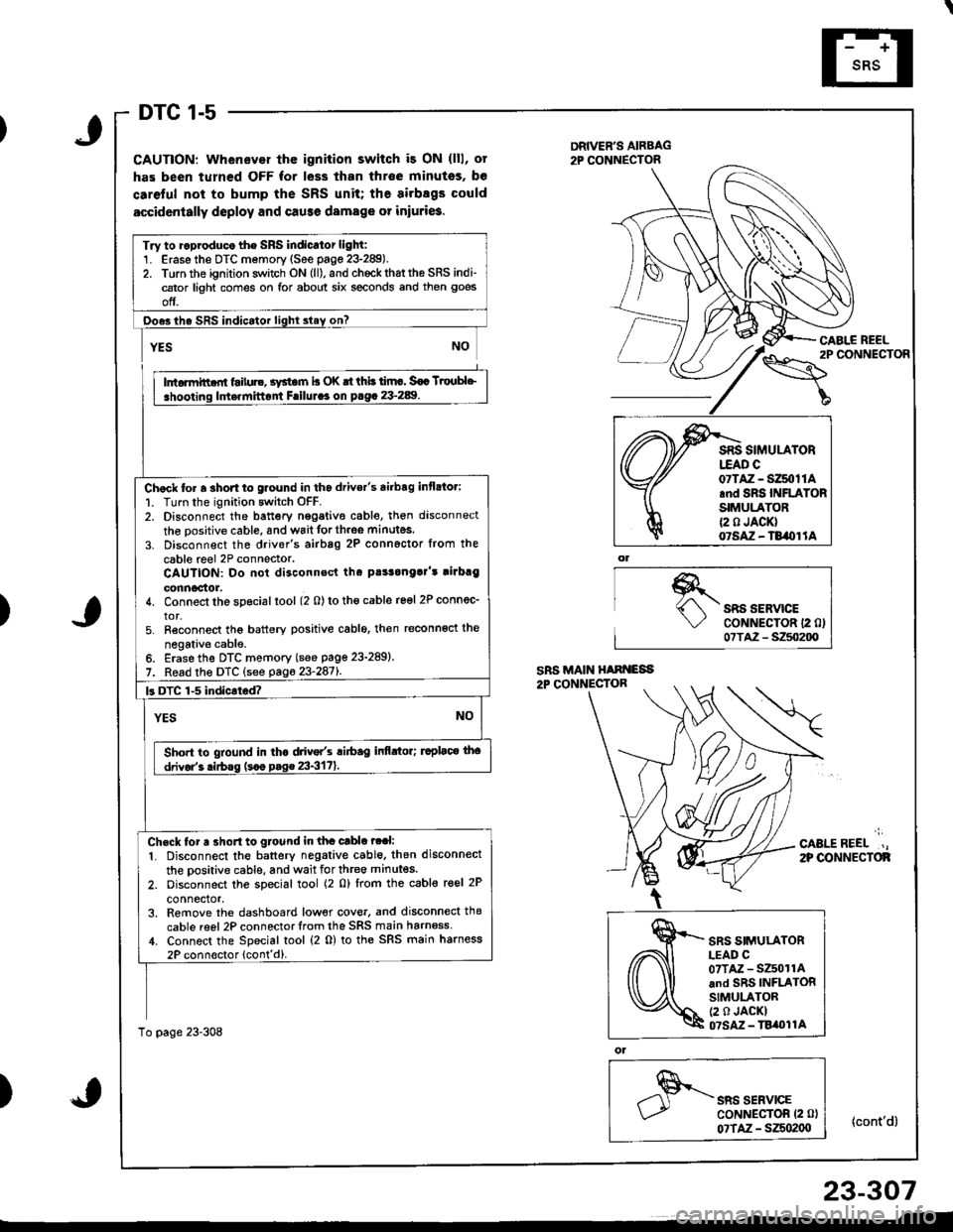 HONDA INTEGRA 1998 4.G Owners Manual DTC 1-5
CAUTION: Whenever thc ignition switch i3 ON (lll, ot
has been turned OFF for less than throe minutss, bo
caretul not to bump the SRS unit; the airbsgs could
accidcntally deploy and cause damag HONDA INTEGRA 1998 4.G Owners Manual DTC 1-5
CAUTION: Whenever thc ignition switch i3 ON (lll, ot
has been turned OFF for less than throe minutss, bo
caretul not to bump the SRS unit; the airbsgs could
accidcntally deploy and cause damag