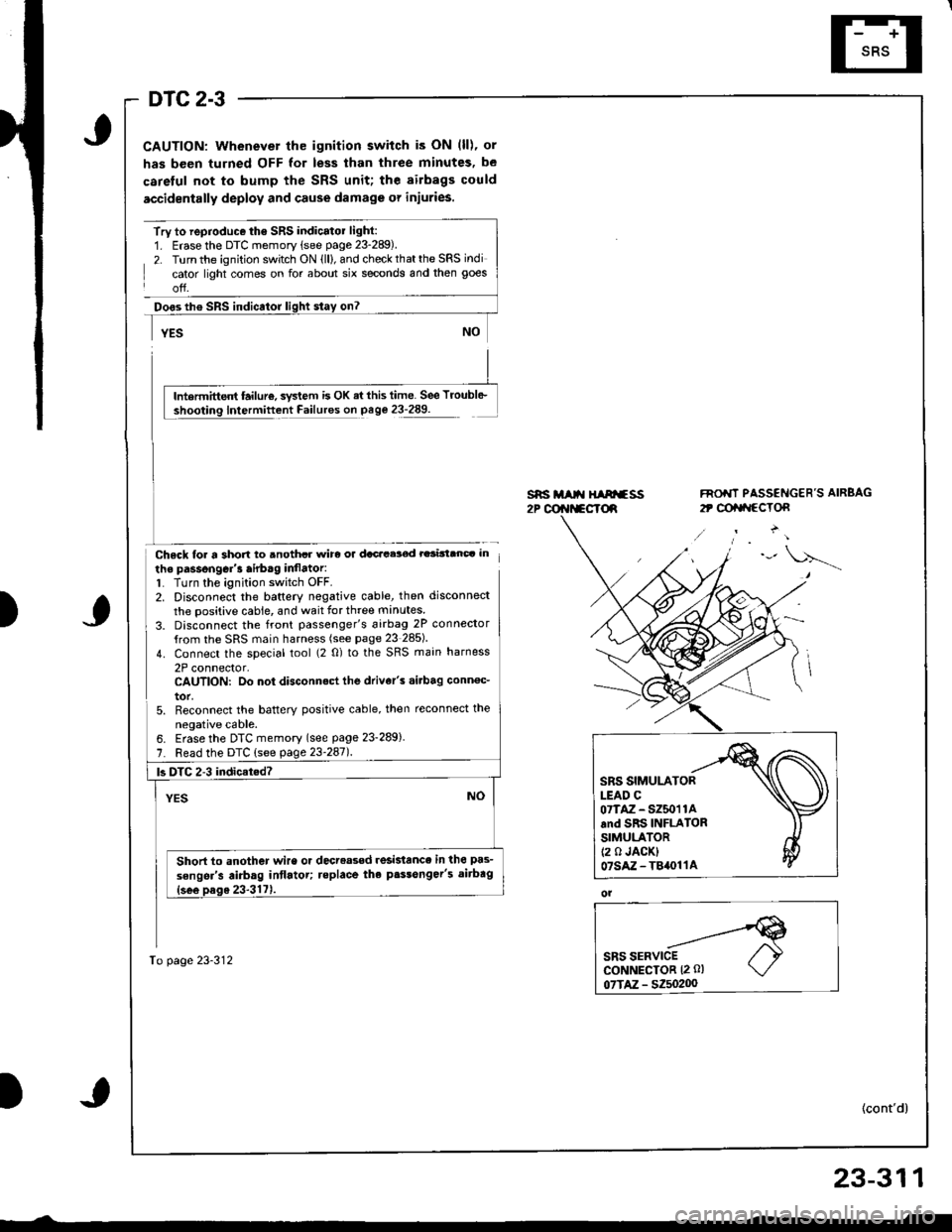 HONDA INTEGRA 1998 4.G Workshop Manual DTC 2-3
CAUTION: Whenever the ignition switch is ON (ll), or
has been turned OFF for less than three minutes, be
careful not to bump the SRS unit; the airbags could
accidentally deploy and cause damag HONDA INTEGRA 1998 4.G Workshop Manual DTC 2-3
CAUTION: Whenever the ignition switch is ON (ll), or
has been turned OFF for less than three minutes, be
careful not to bump the SRS unit; the airbags could
accidentally deploy and cause damag
