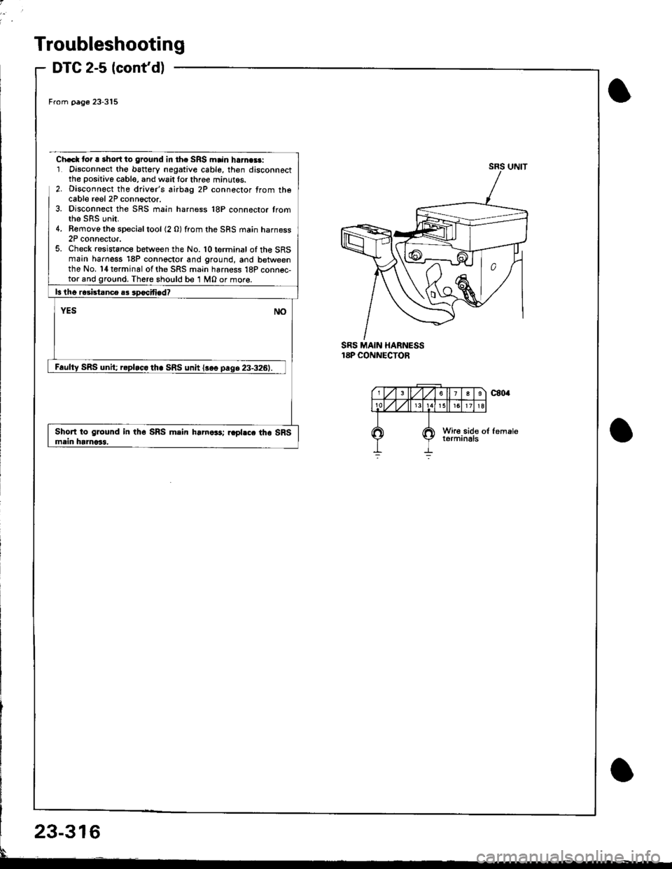 HONDA INTEGRA 1998 4.G Workshop Manual Troubleshooting
DTC 2-5 lcontd)
From p3g€ 23-315
Ch.d( tor r short to ground in the SRS main harne$:1. Oisconnect th€ b6ttery negative cable, then disconnectthe positive cable, and wait lor three HONDA INTEGRA 1998 4.G Workshop Manual Troubleshooting
DTC 2-5 lcontd)
From p3g€ 23-315
Ch.d( tor r short to ground in the SRS main harne$:1. Oisconnect th€ b6ttery negative cable, then disconnectthe positive cable, and wait lor three
