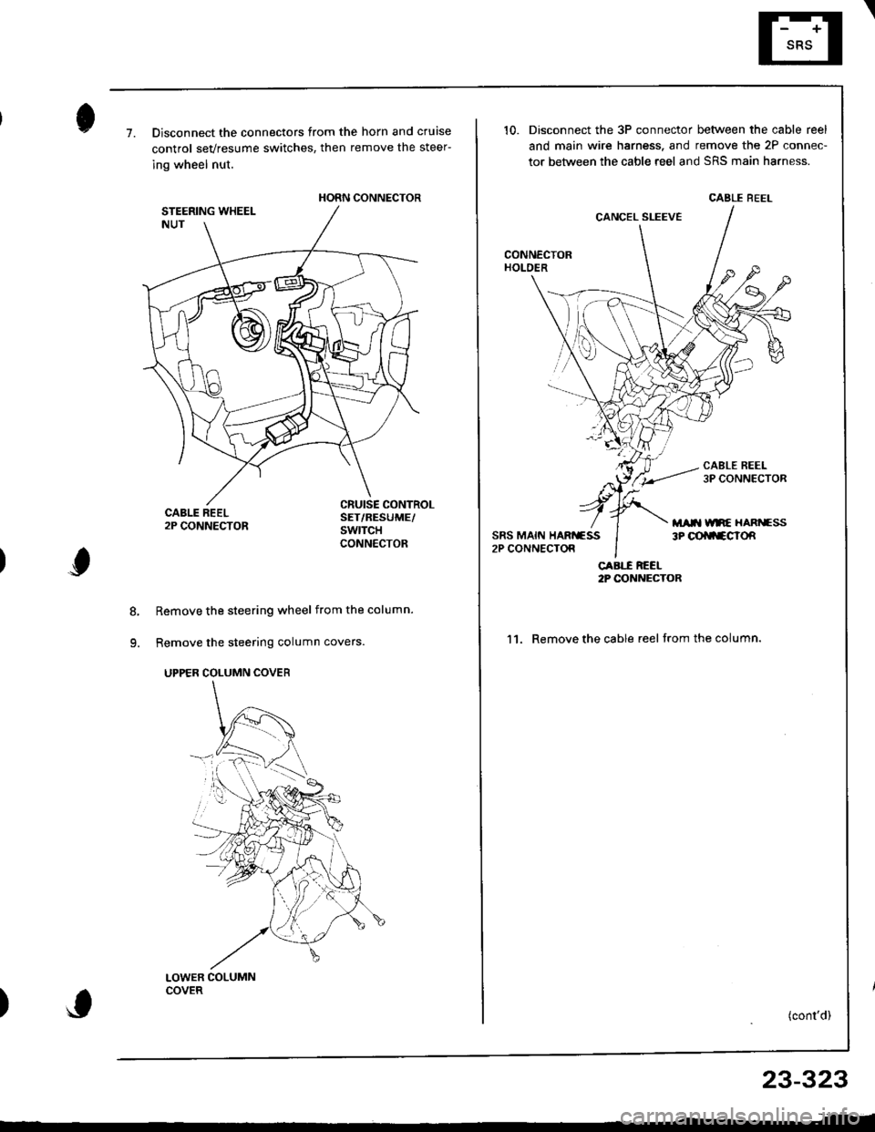 HONDA INTEGRA 1998 4.G Owners Manual 7.Disconnect the connectors from the horn and cruise
control sevresume switches, then remove the steer-
ing wheel nut.
Remove the steering wheel from the column.
Remove the steering column covers
UPPE