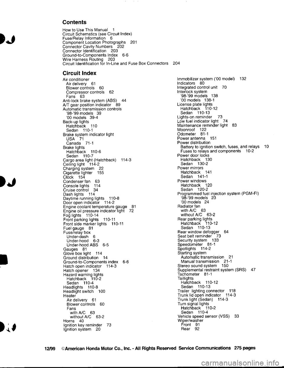 HONDA INTEGRA 1998 4.G Owners Manual ).1
Contents
How to Use This l\.4anual 1Circuit Schematics (see Circuit Index)Fuse/Relaylnformation 6ComponentLocation Photographs 201
Connector Cavity Numbers 202Connectorldentification 203
Ground-to