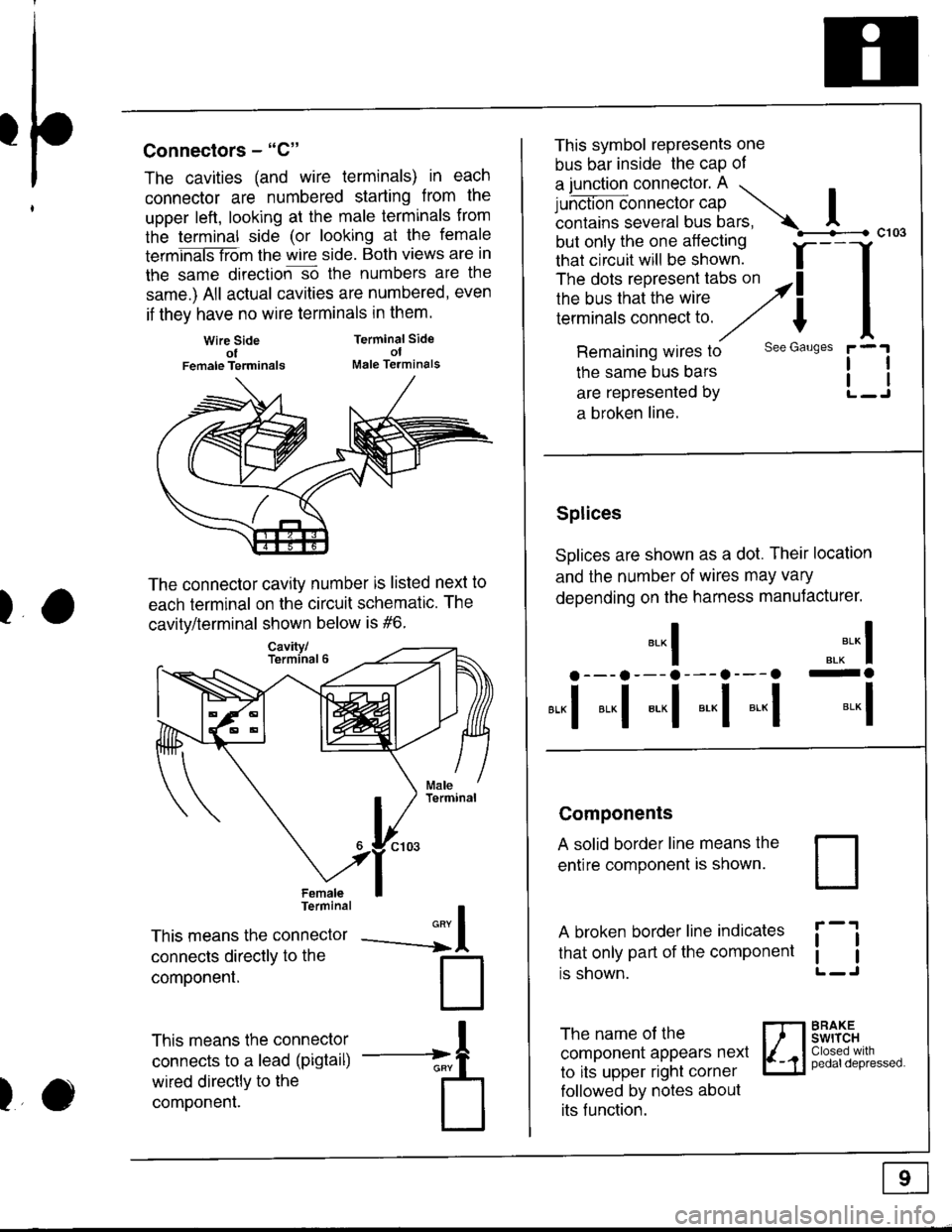 HONDA INTEGRA 1998 4.G Workshop Manual I
I
)
Connectors - "C"
The cavities (and wire terminals) in each
connector are numbered starting from the
upper left, looking at the male termlnals from
the terminal side (or looking at the female
ter