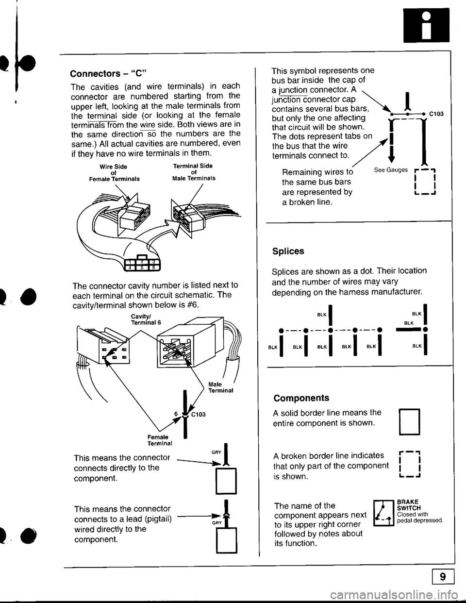 HONDA INTEGRA 1998 4.G Workshop Manual I
I
)
Connectors - "C"
The cavities (and wire terminals) in each
connector are numbered starting from the
upper left, looking at the male termlnals from
the terminal side (or looking at the female
ter HONDA INTEGRA 1998 4.G Workshop Manual I
I
)
Connectors - "C"
The cavities (and wire terminals) in each
connector are numbered starting from the
upper left, looking at the male termlnals from
the terminal side (or looking at the female
ter